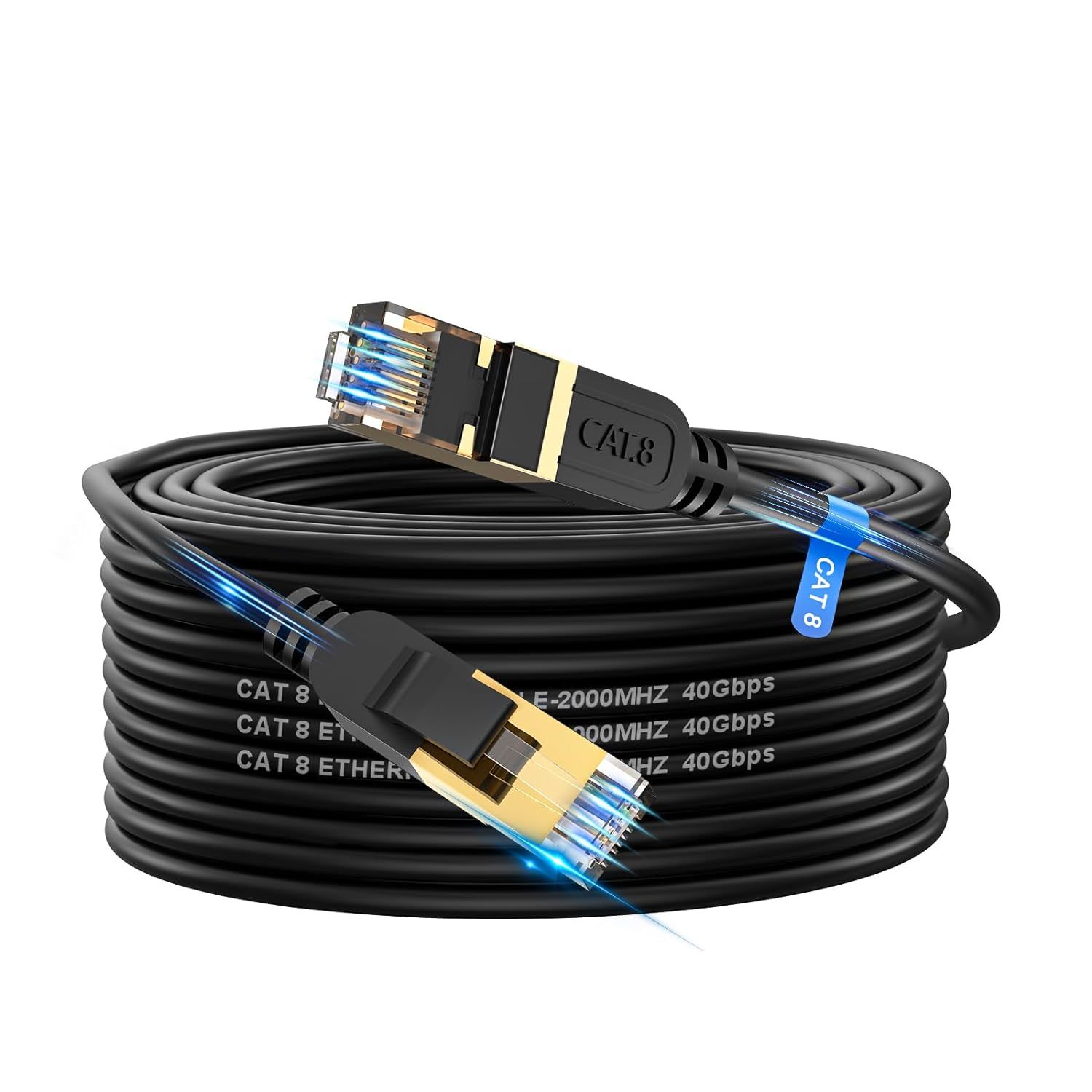 Câble ethernet Cat 8 20 m, haut débit, robuste 26 AWG Cat8, 40 Gbit/s, 2 000 MHz avec connecteur RJ45 plaqué or, câble Internet extérieur et intérieur, compatible avec routeur, modem de jeu, Xbox