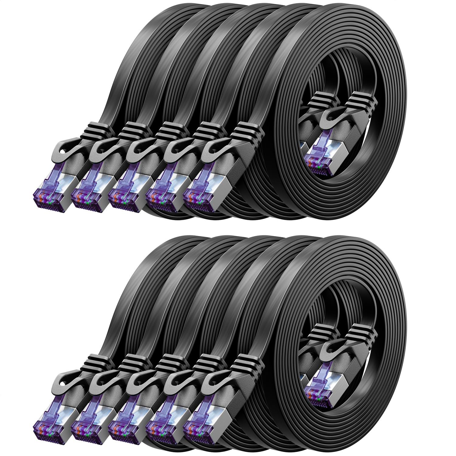 10x 0,5m Plat CAT7 Câble Réseau (CAT 7 avec 10 Gbit/s) Gigabit LAN - RJ45 Ethernet Court Câble de Raccordement Plat - pour Internet Switch Routeur Modem Panneau de Brassage - Noir