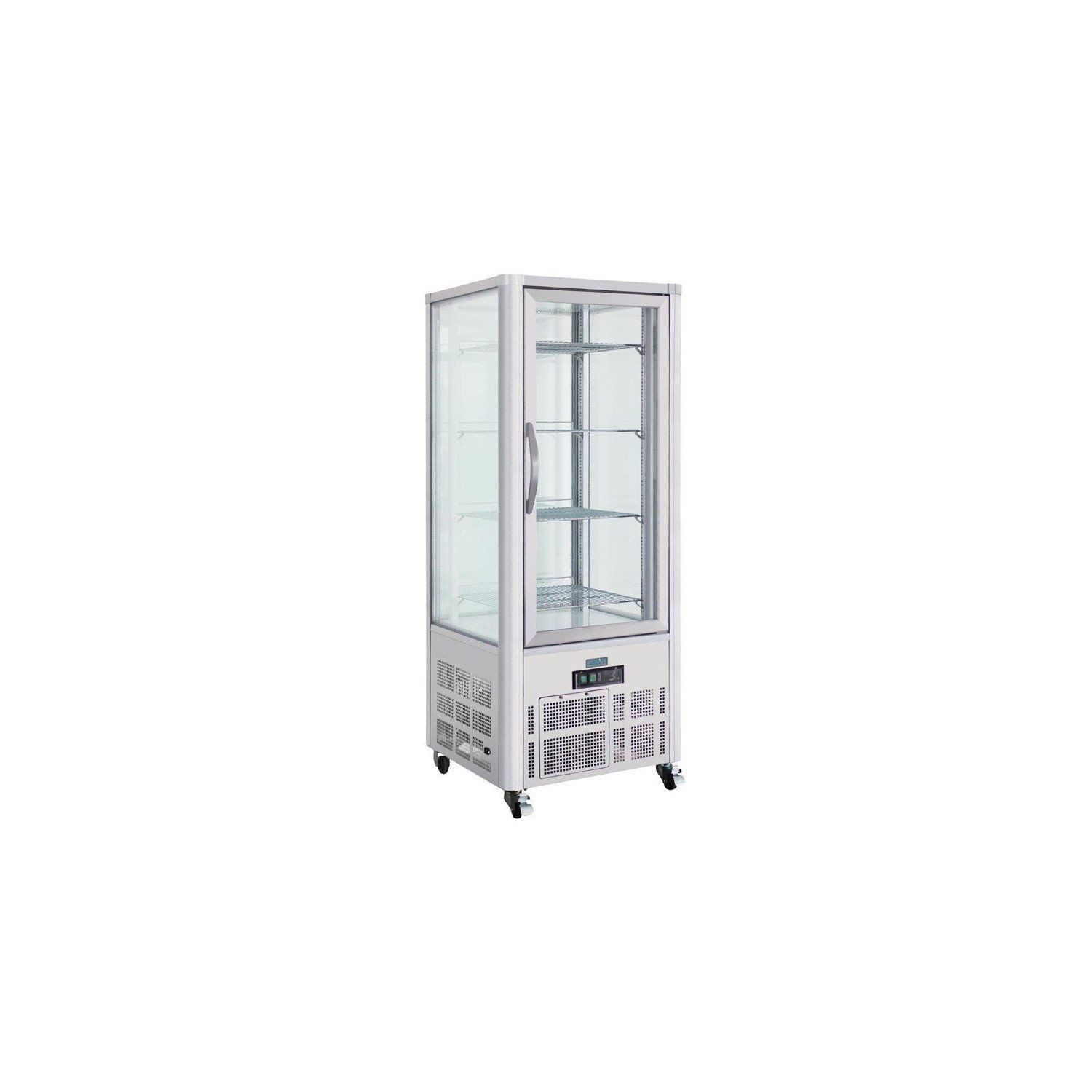 Vitrine inox ventilée positive à pâtisserie 400 Litres 4 faces vitrées trempées sur roulettes 220 V MONO