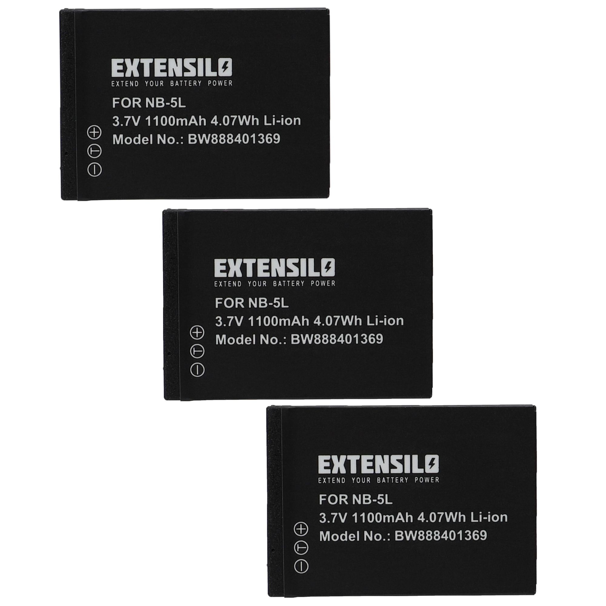 EXTENSILO 3x Batteries compatible avec Canon Digital Ixus 850 is, 860is, 100 IS, 800 is, 870 is appareil photo (1100mAh, 3,7V, Li-ion)