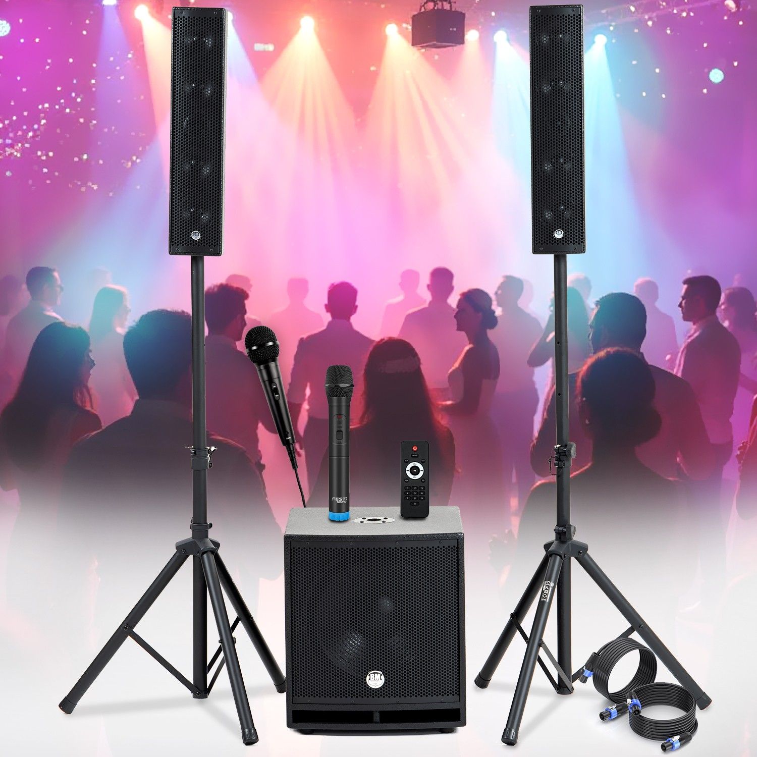 Pack SONO DJ BM SONIC, 1200W Enceintes satellites, ENORME SUB 38cm USB/Bluetooth, 2 MICROS, Animation, Mariage, Baptême, Soirée