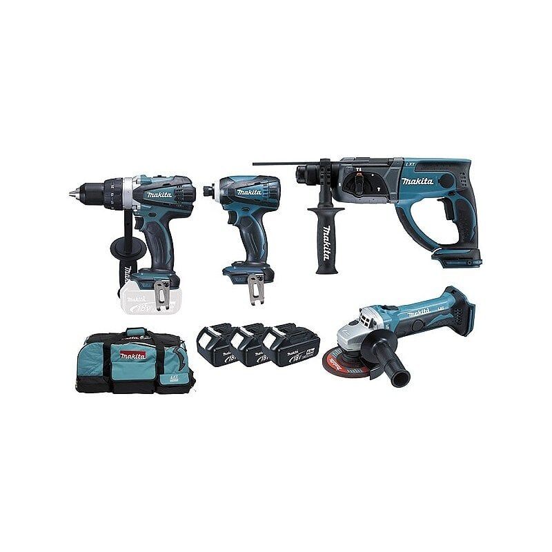 Ensemble de 4 machines MAKITA 3 Batteries 18V Li Ion 4.0 Perceuse DDF458 + Meuleuse DTD152 + Perfo DHR202 + Visseuse DGA452 DLX4054MX1