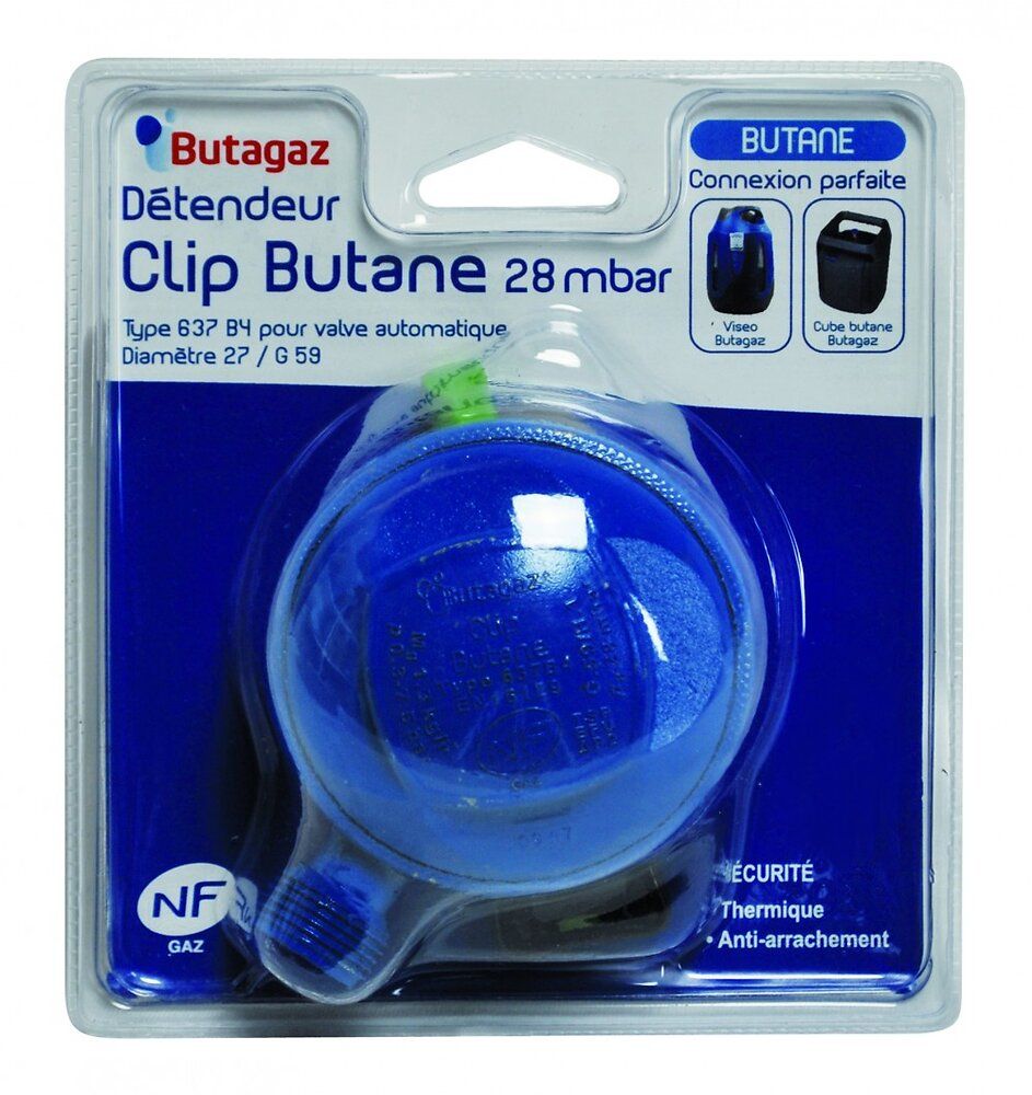 BUTAGAZ - 402700 - Détendeur pour gaz butane quick-on 28mbar pour bouteilles cube et viseo tétine incluse