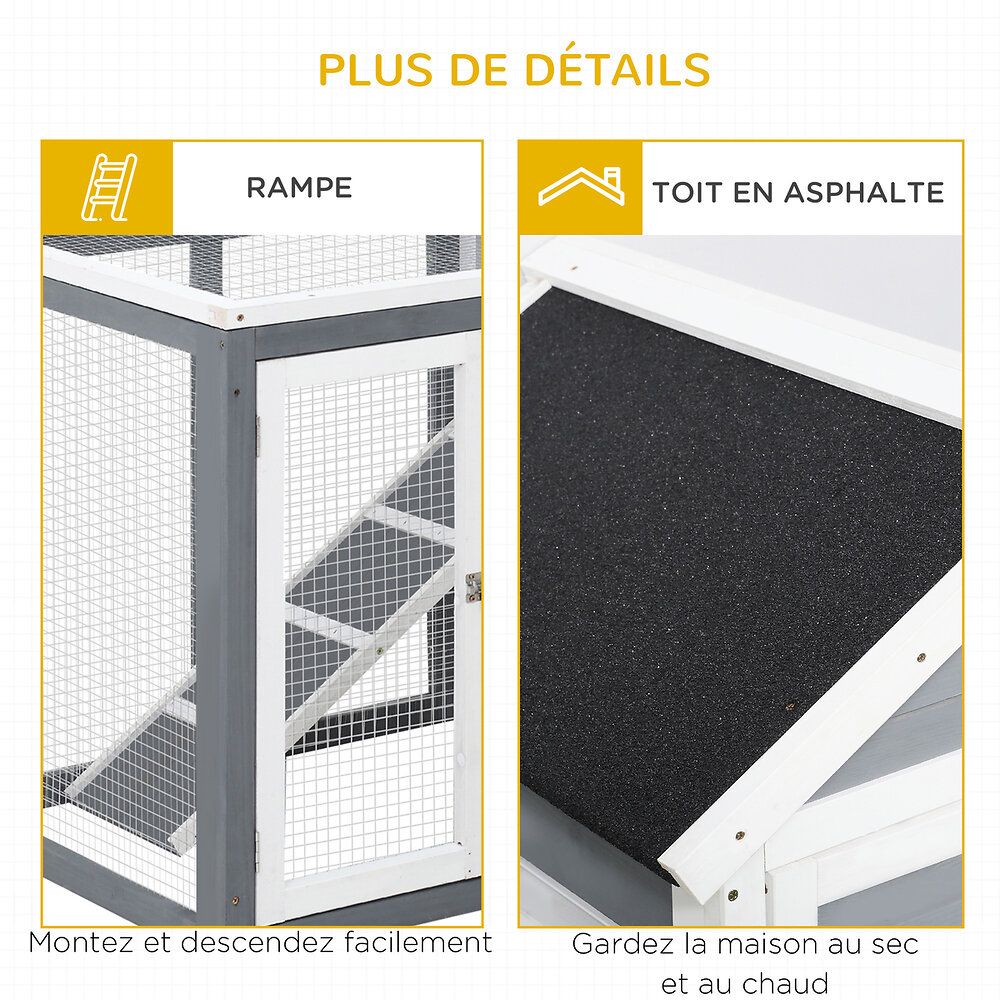 Clapier Cage À Lapins Multi-Équipé : Niche Supérieure Avec Rampe, Plateau Excrément, Fenêtre + Enclos  Extérieur Sécurisé 2 Portes 122l X 63l X 92h Cm Gris