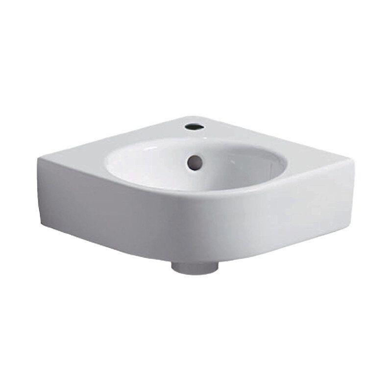 lave-mains d'angle GEBERIT renova compact: b=45cm, t=39.5cm, trou de robinetterie=au centre, trop-plein=visible, blanc Ref. 276132000