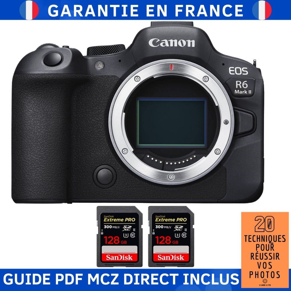 Canon EOS R6 Mark II + 2 SanDisk 128GB Extreme PRO UHS-II SDXC 300 MB/s + Guide PDF MCZ DIRECT '20 TECHNIQUES POUR RÉUSSIR VOS PHOTOS