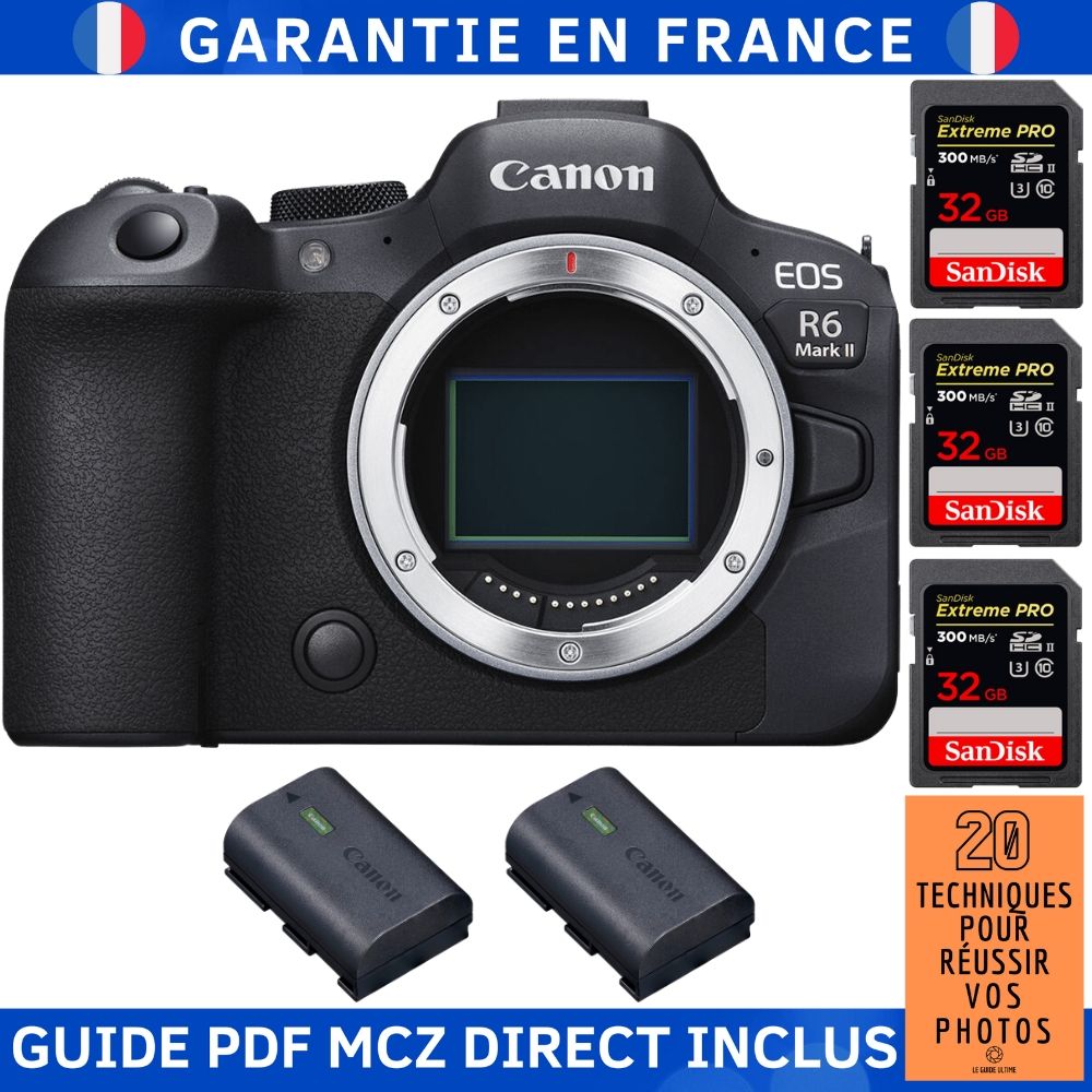 Canon EOS R6 Mark II + 3 SanDisk Extreme PRO UHS II 300 MB/ + 2 Canon LP E6NH + Guide PDF MCZ DIRECT '20 TECHNIQUES POUR RÉUSSIR VOS PHOTOS