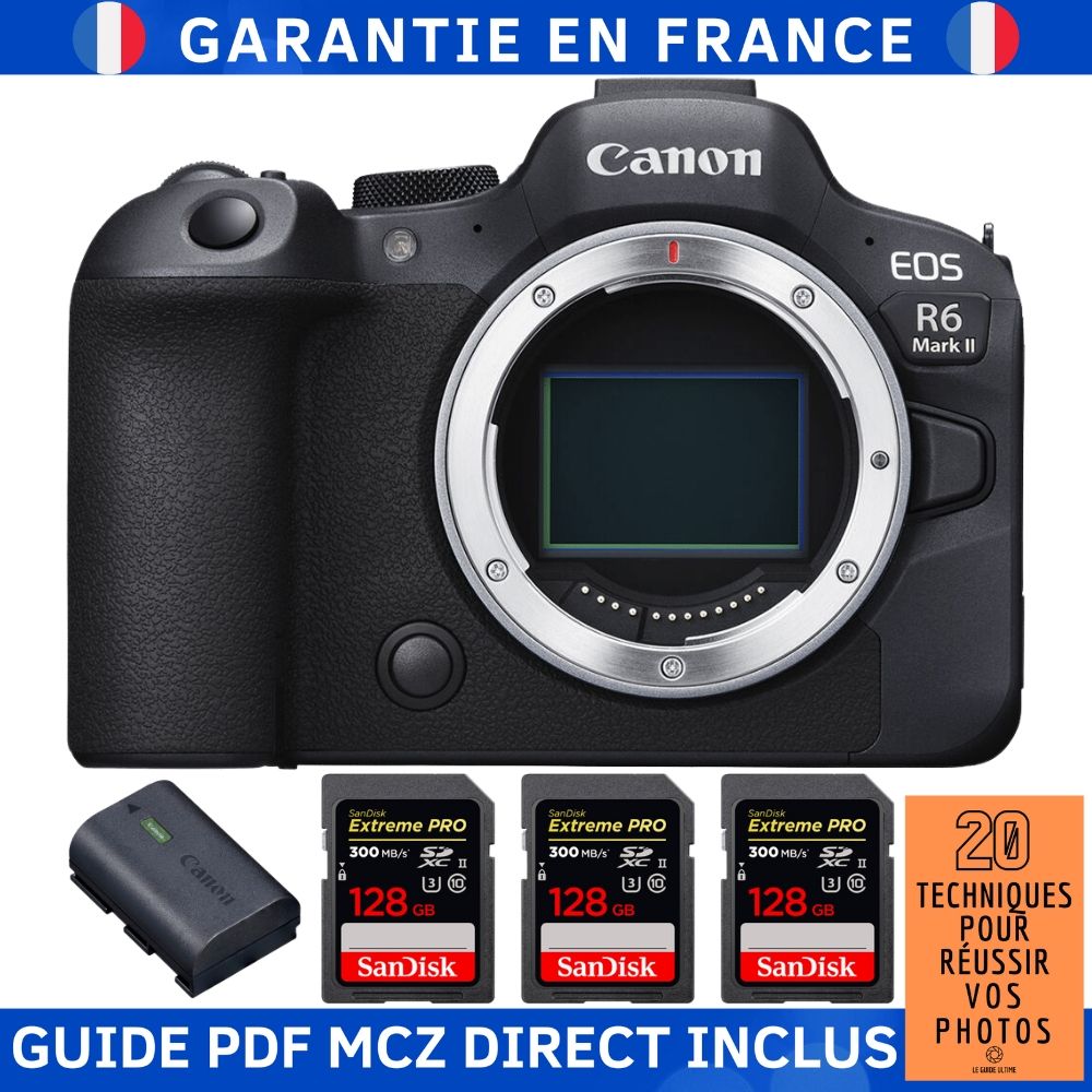 Canon EOS R6 Mark II + 3 SanDisk Extreme PRO UHS II 300 MB/ + 1 Canon LP E6NH + Guide PDF MCZ DIRECT '20 TECHNIQUES POUR RÉUSSIR VOS PHOTOS