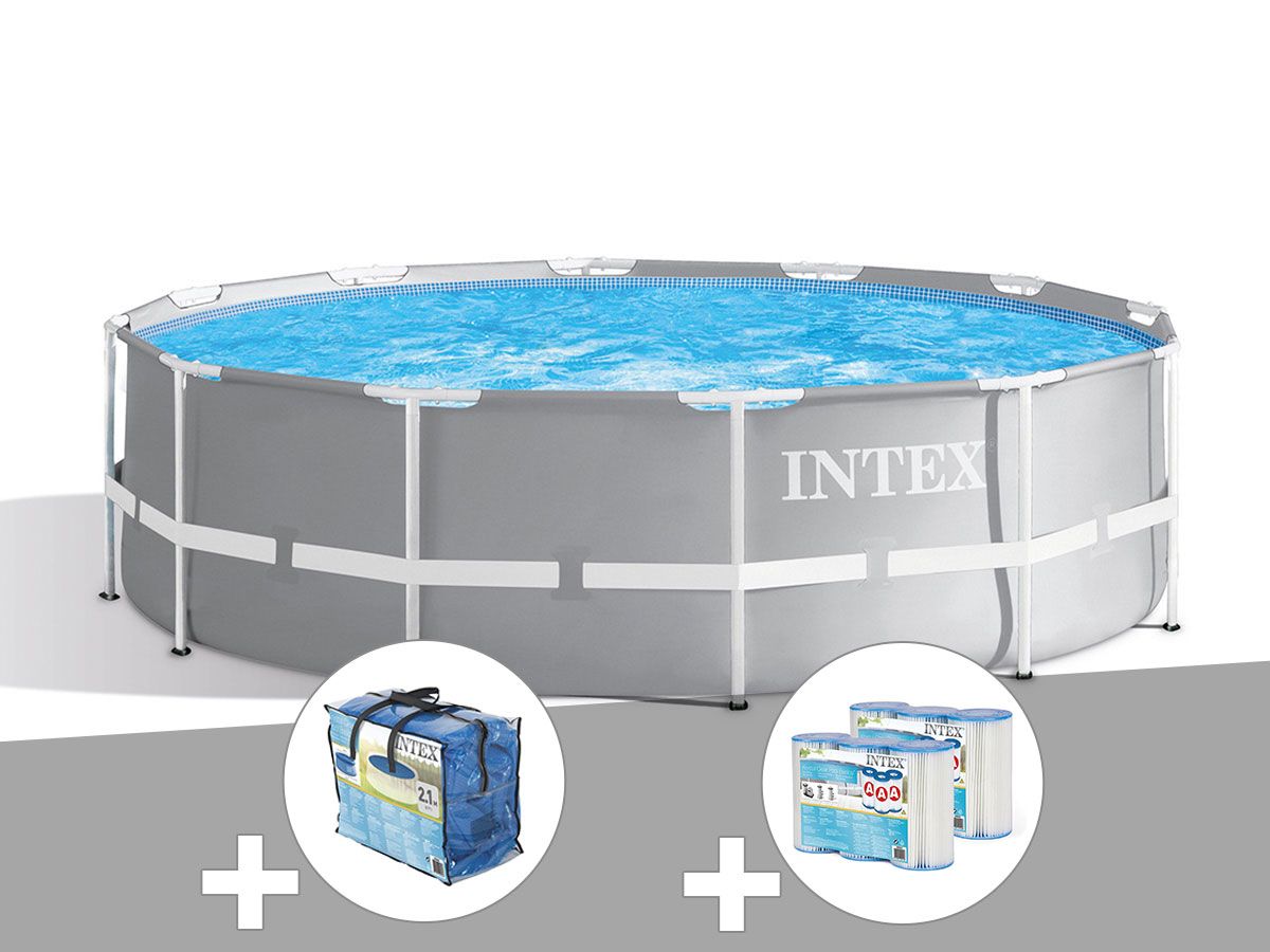 Kit piscine tubulaire Intex Prism Frame ronde 3,66 x 1,22 m + B?che ? bulles + 6 cartouches de filtration