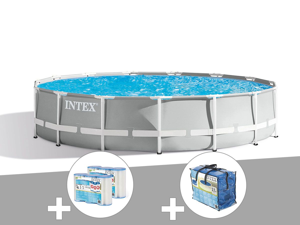 Kit piscine tubulaire Intex Prism Frame ronde 4,57 x 1,07 m + Bâche à bulles + 6 cartouches de filtration