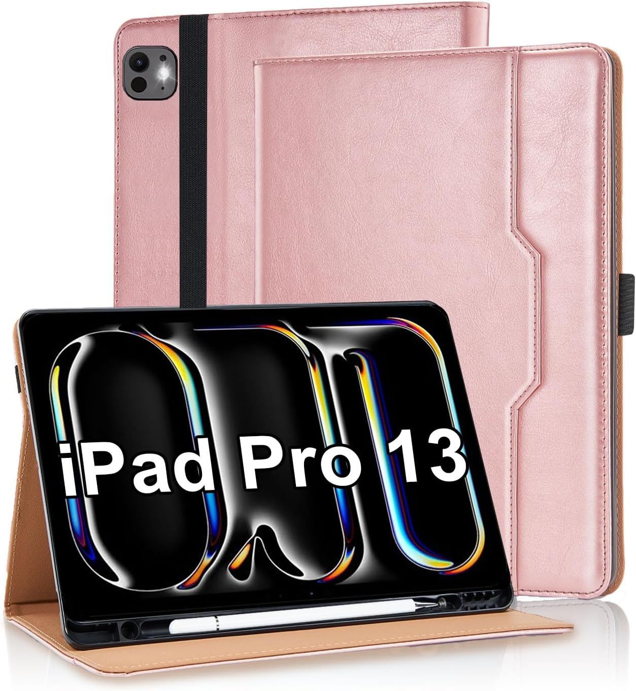 Coque Pour Ipad Pro 13 Pouces M4 (2024), Housse Cuir Pu Case [Réveil/Veille Automatique] Etui De Protection Avec Support Fonction Filp Cover, Poche Avant Pour Ipad Pro 13, Or Rose