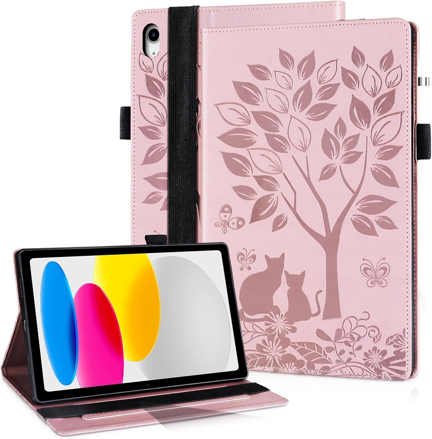 Housse Protection Pour Ipad 2022 / Ipad 10.9 Pouces/Ipad 10th Generation Fonction Du Support Coque Ipad 10eme Generation Avec Fente Pour Carte Motif Chat Papillon Étui Rose