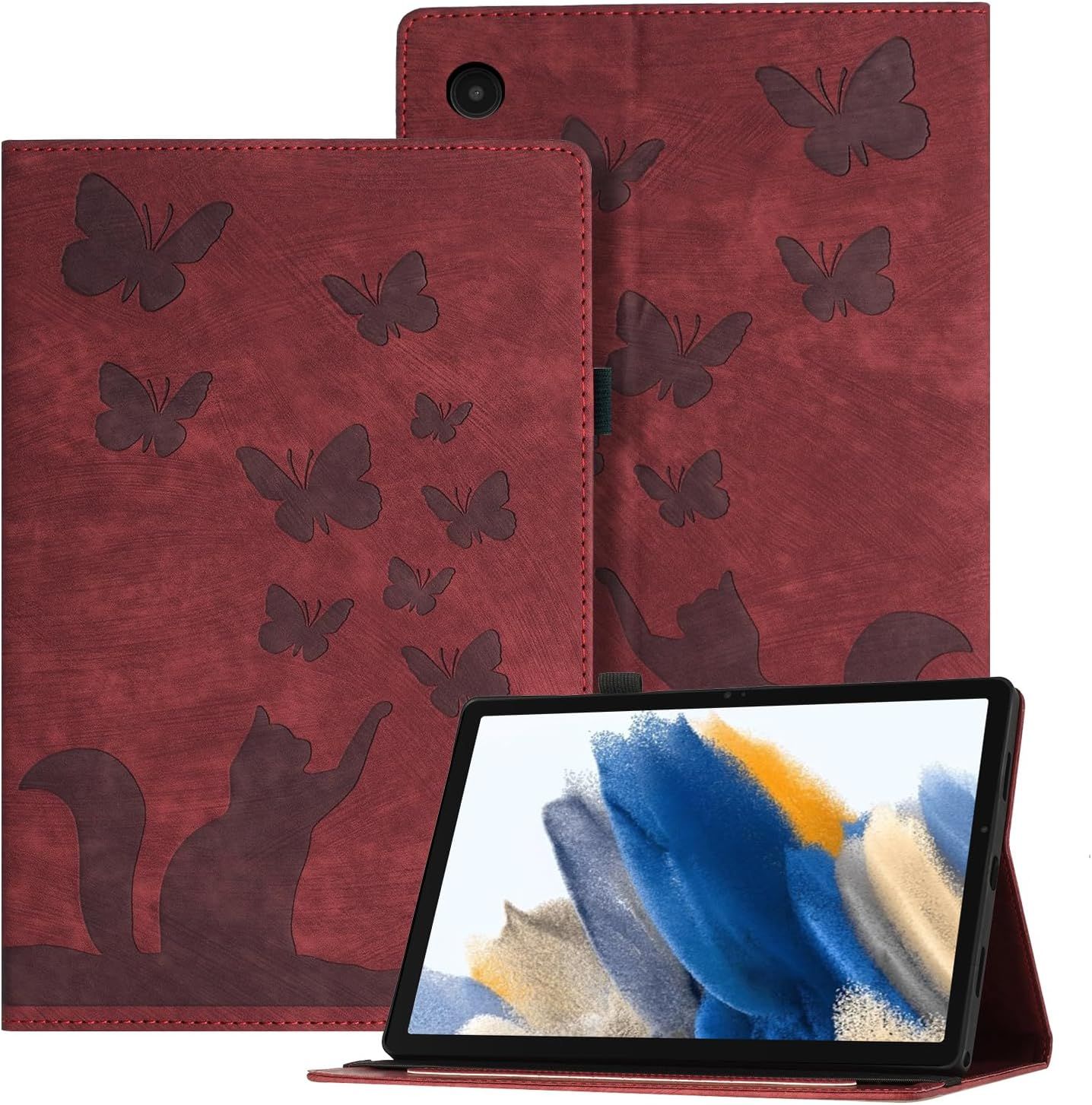 Bin Coque Tablette Samsung Tab A8 (2021) 10.5"" En Relief, Étui Pour Tablette En Cuir Pu Rétro Sur Le Thème Des Papillons Et Des Chats Pour Sam Tab A8 (2021) 10.5"", Rouge