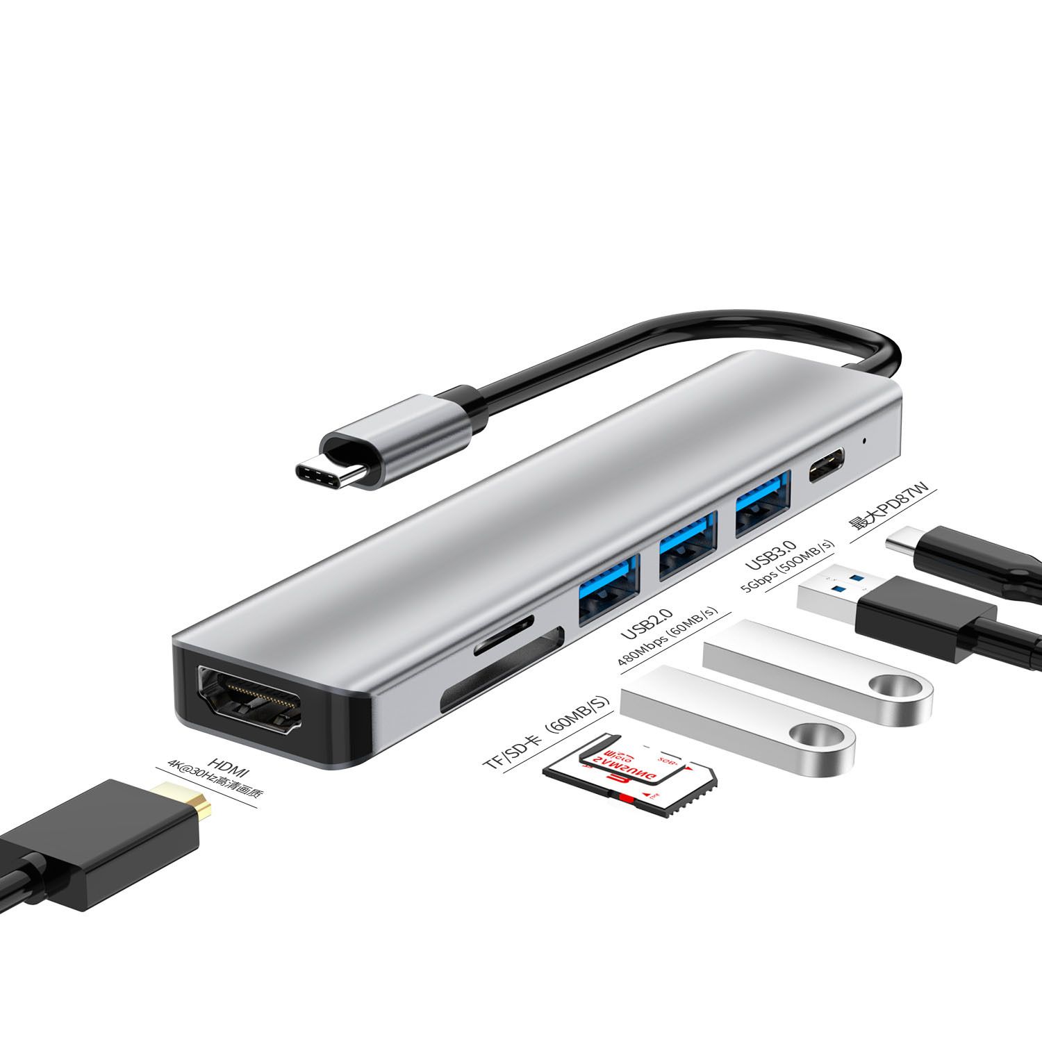 Hub USB-C 7 en 1 pour adaptateur MacBook-Pro Type C Lecteur de carte SD multiport 4K HDMI - Hub USB