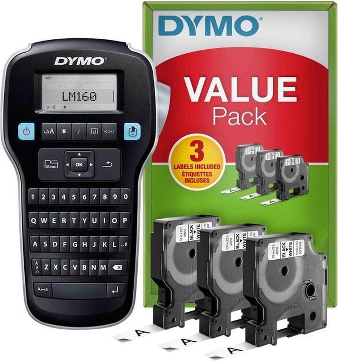Kit de démarrage pour étiqueteuse Dymo LabelManager 160 Imprimante d'étiquettes portable Avec 3 rouleaux de ruban adhésif Dymo D1 Clavier QWERTY Idéal pour la maison ou le bureau