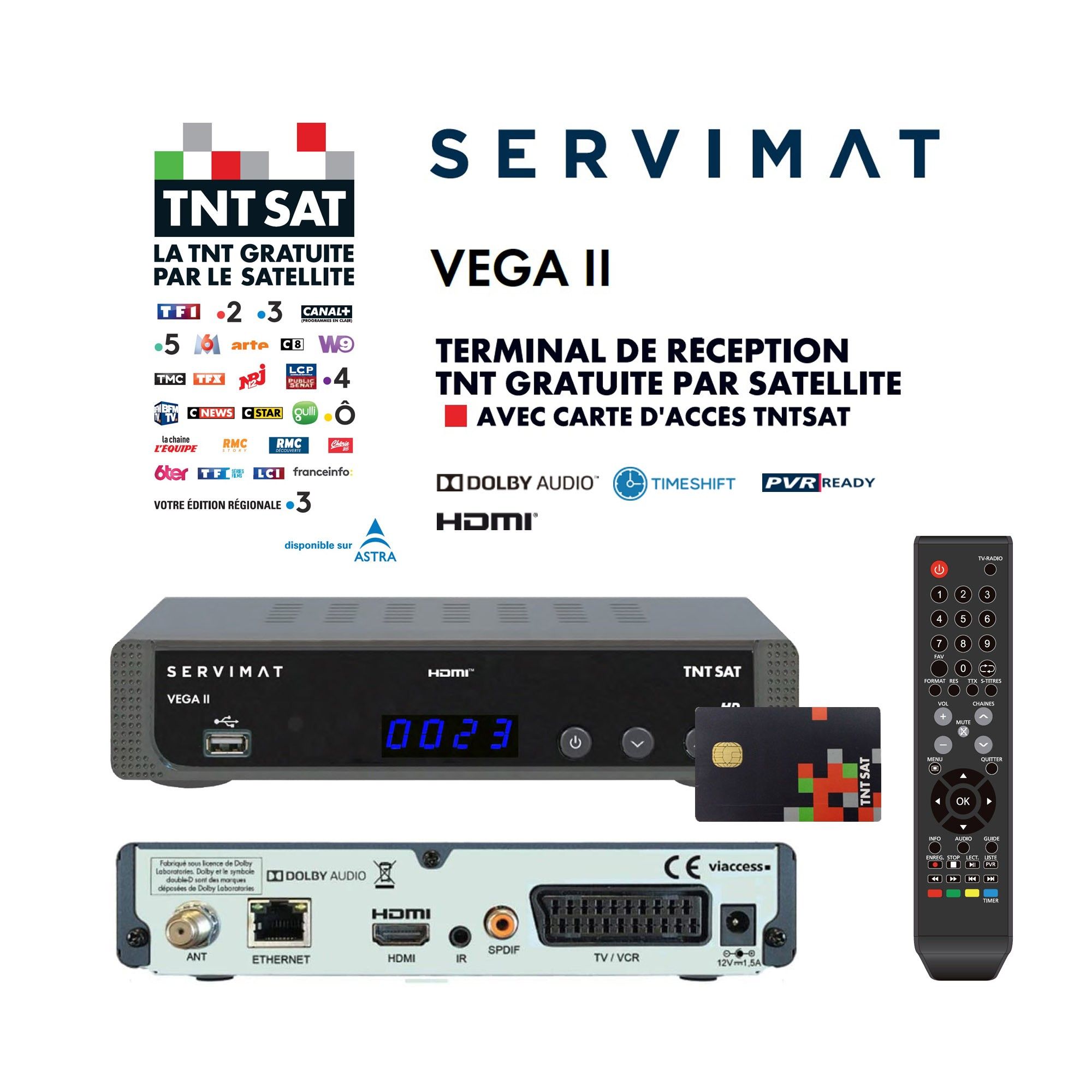 Récepteur TV satellite Full HD - SERVIMAT VEGA II + Carte d'accès TNTSAT V6 - Astra 19.2°, Time Shift, Son Dolby Digital +, TNT Gratuite Par Satellite