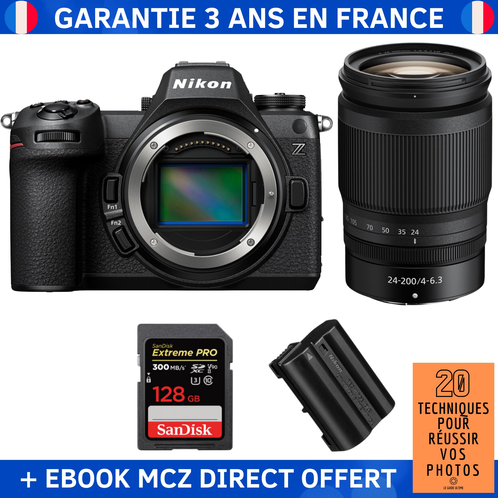 Nikon Z6 III + Z 24 200mm f4 6.3 VR + 1 SanDisk Extreme PRO UHS II SDXC 300 MB/ + 1 Nikon EN EL15c + Ebook '20 Techniques pour Réussir vos Photos' Appareil Photo Hybride Nikon
