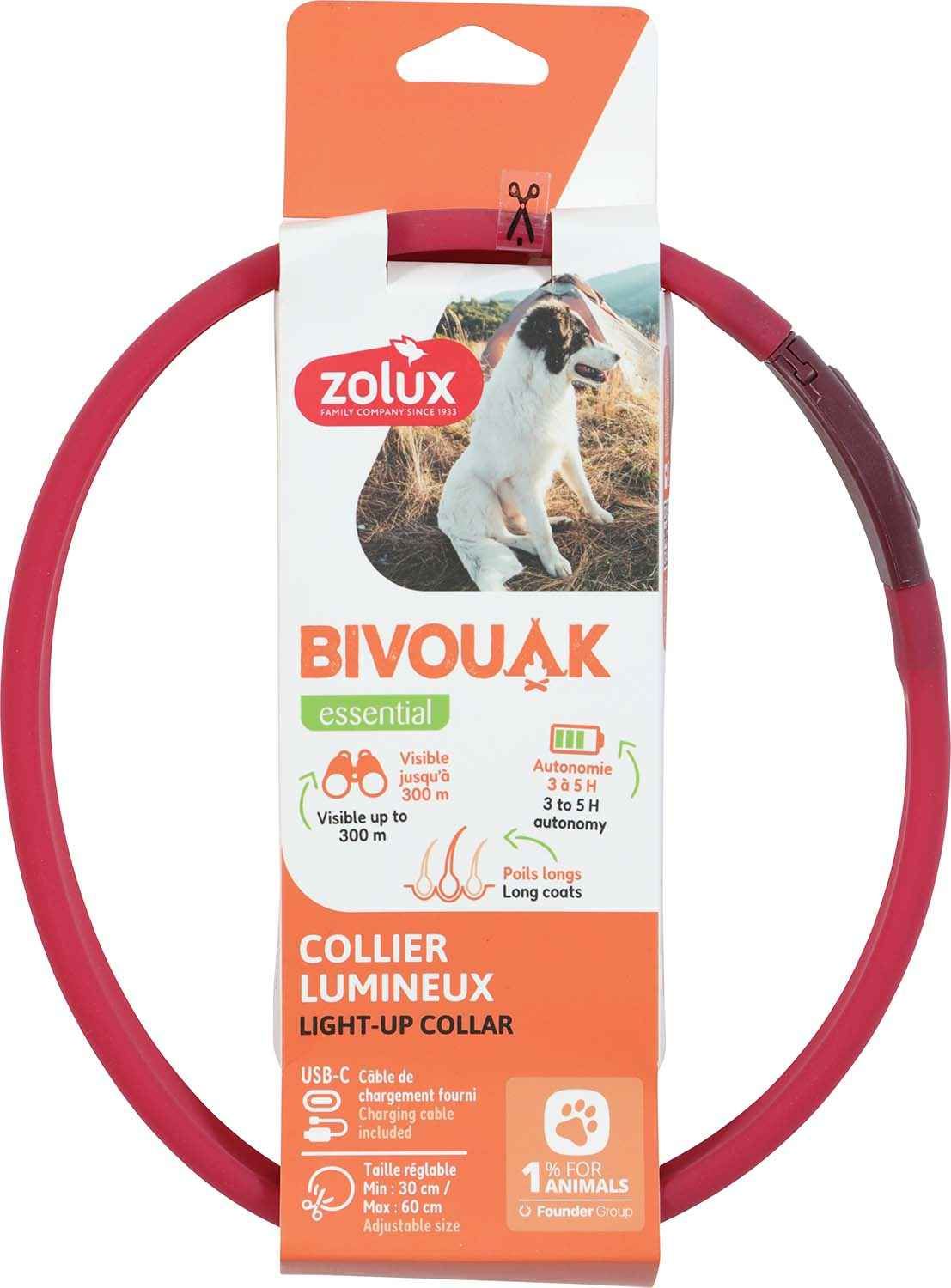 Meilleurs prix pour Collier lumineux USB pour chien &#224; poils longs Zolux Bivouak - 2 coloris disponibles