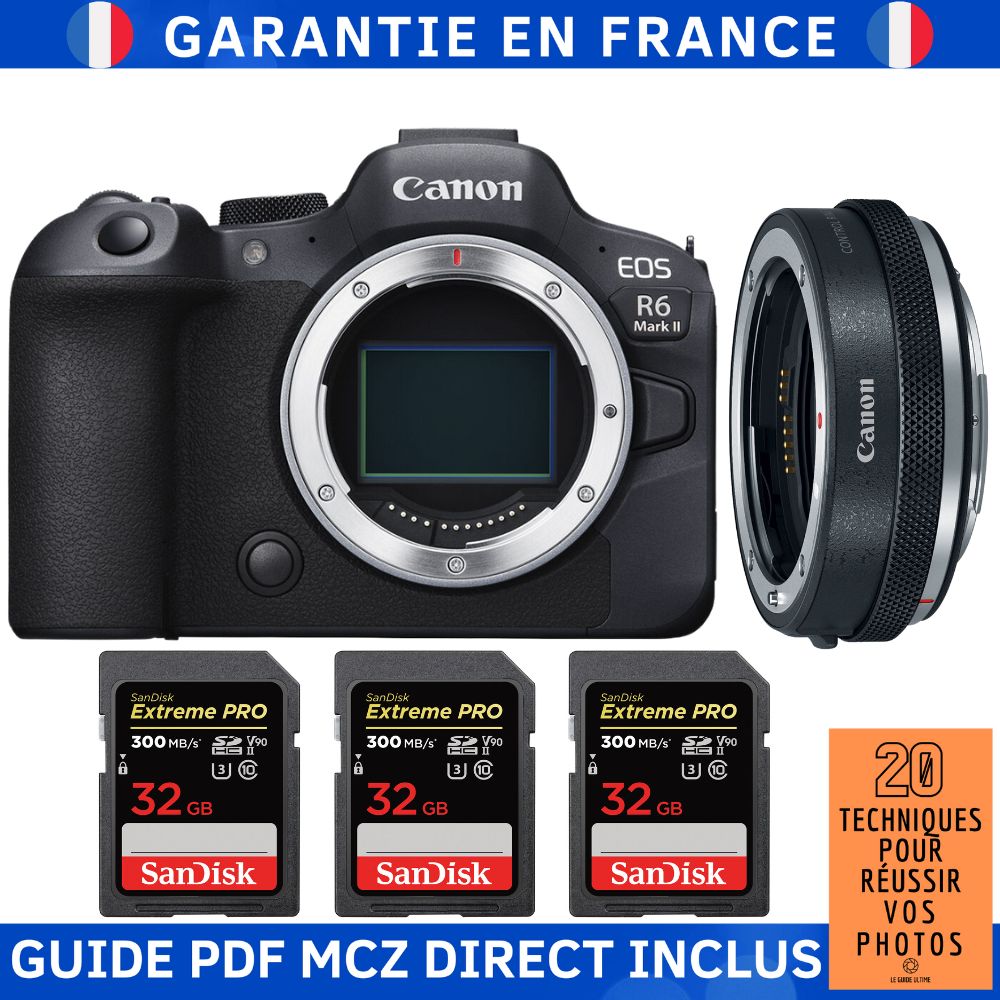 Canon EOS R6 Mark II + Canon EF EOS R Premium + 3 SanDisk Extreme PRO UHS II SDXC 300 MB/ + Guide PDF MCZ DIRECT '20 TECHNIQUES POUR RÉUSSIR VOS PHOTOS