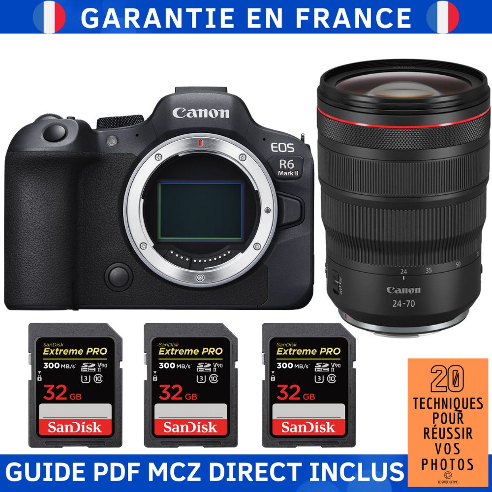 Canon EOS R6 Mark II + RF 24 70mm f2.8 IS USM + 3 SanDisk Extreme PRO UHS II SDXC 300 MB/ + Guide PDF MCZ DIRECT '20 TECHNIQUES POUR RÉUSSIR VOS PHOTOS