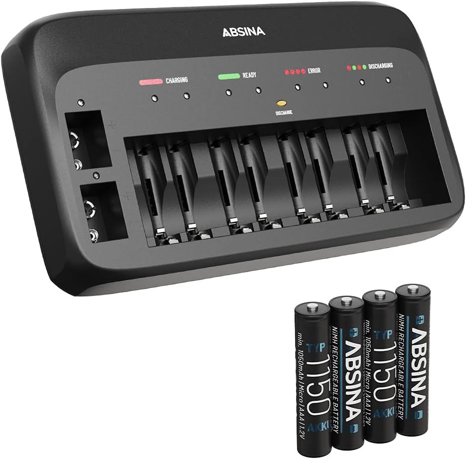 Chargeur de Piles Rechargeables X10 pour AA, AAA & 9V + 4X 1150 AAA Pile - Chargeur Piles Rechargeable avec 10 emplacements - Chargeur Pile pour Micro AAA, Mignon AA & accus Bloc 9V NiMH