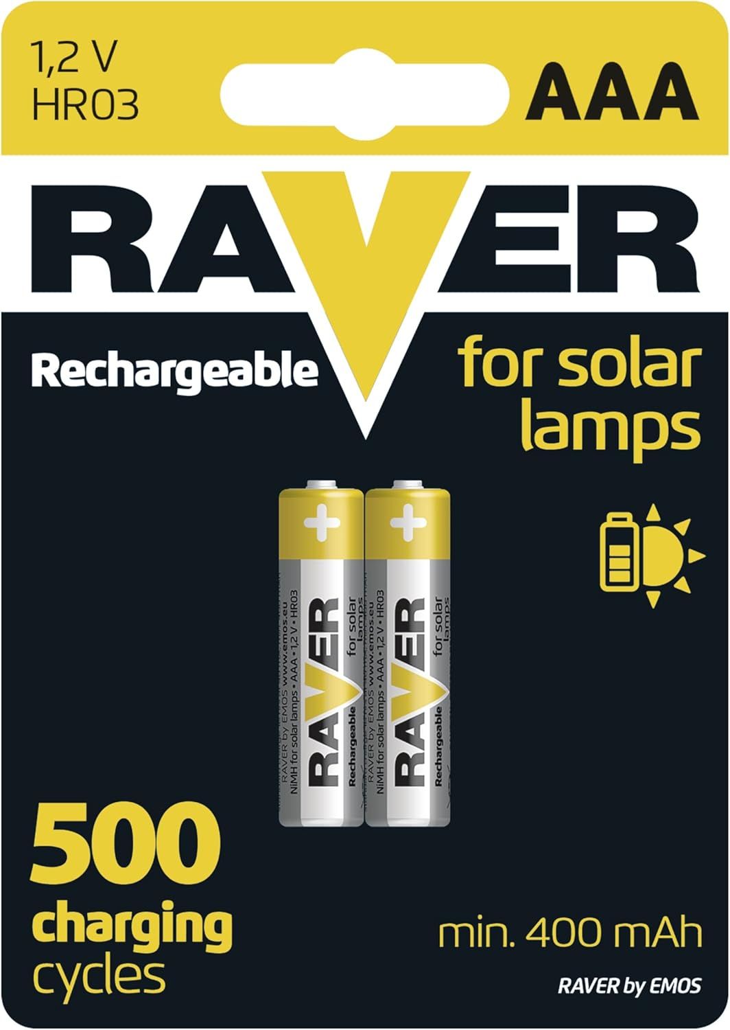 Lot de 2 Micro Piles solaires AAA Rechargeables pour Lampes solaires - NiMH - 1,2 V, HR03, 400 mAh - Température de Fonctionnement : de -20 °C à +50 °C - 500 Cycles de Charge Min