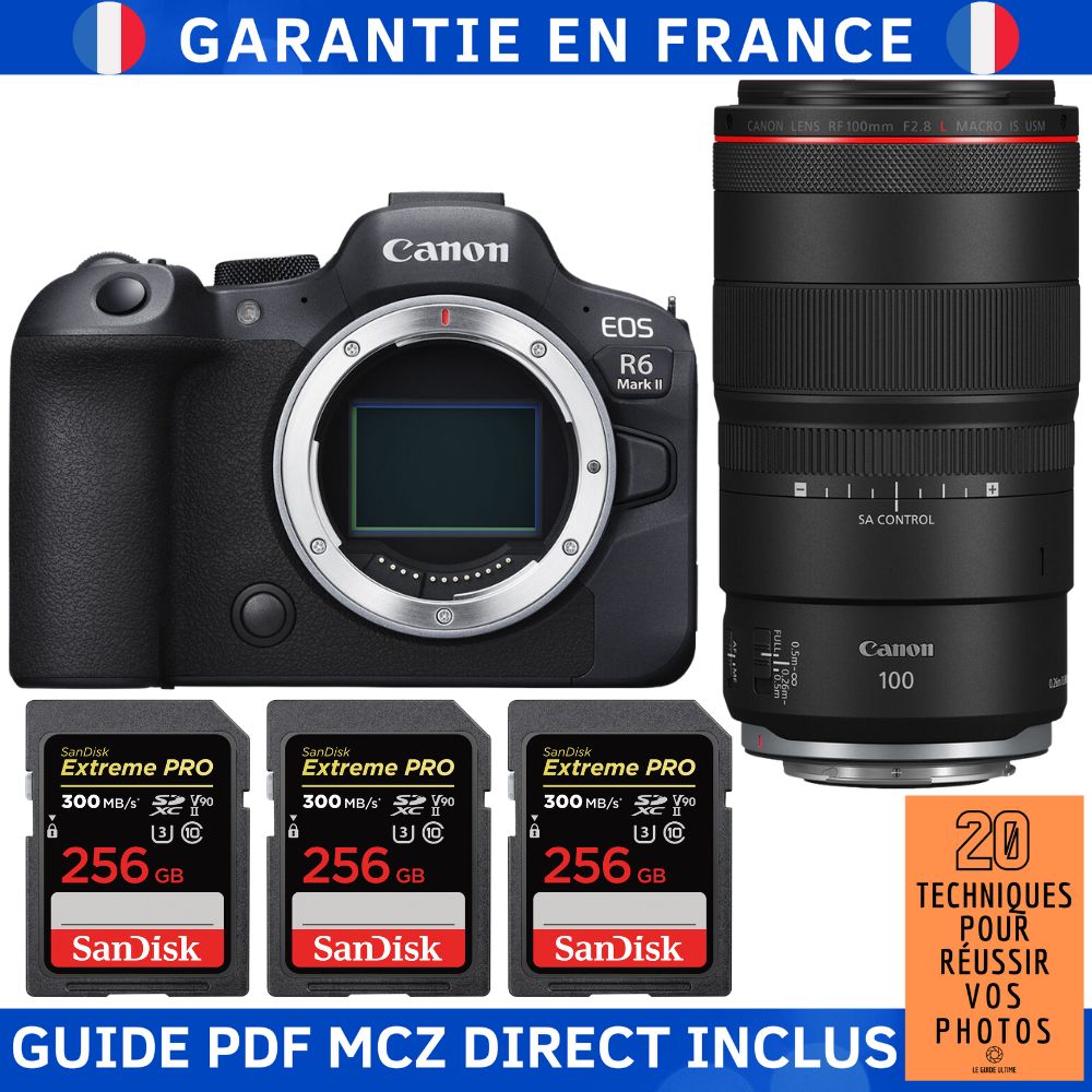 Canon EOS R6 Mark II + RF 100mm f/2.8 L Macro IS USM + 3 SanDisk 256GB Extreme PRO UHS-II SDXC 300 MB/s + Guide PDF MCZ DIRECT '20 TECHNIQUES POUR RÉUSSIR VOS PHOTOS