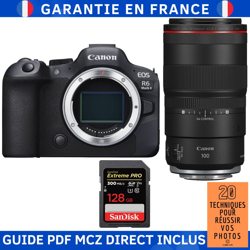 Canon EOS R6 Mark II + RF 100mm f/2.8 L Macro IS USM + 1 SanDisk 128GB Extreme PRO UHS-II SDXC 300 MB/s + Guide PDF MCZ DIRECT '20 TECHNIQUES POUR RÉUSSIR VOS PHOTOS