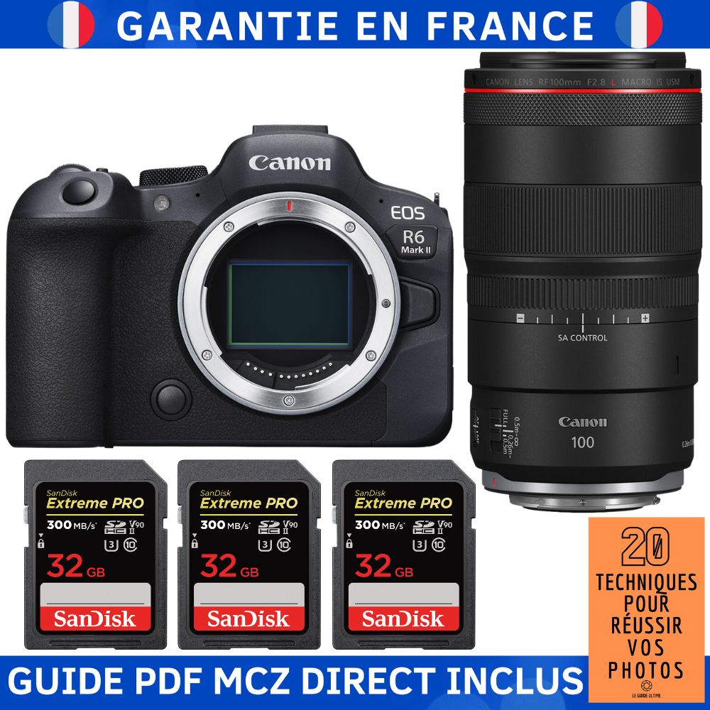 Canon EOS R6 Mark II + RF 100mm f2.8 Macro IS USM + 3 SanDisk Extreme PRO UHS II SDXC 300 MB/ + Guide PDF MCZ DIRECT '20 TECHNIQUES POUR RÉUSSIR VOS PHOTOS