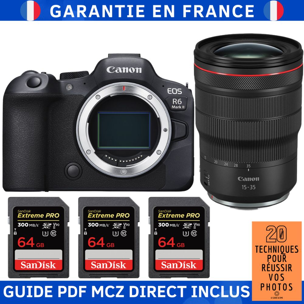 Canon EOS R6 Mark II + RF 15 35mm f2.8 IS USM + 3 SanDisk Extreme PRO UHS II SDXC 300 MB/ + Guide PDF MCZ DIRECT '20 TECHNIQUES POUR RÉUSSIR VOS PHOTOS