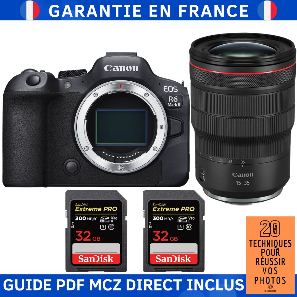 Canon EOS R6 Mark II + RF 15-35mm f/2.8 L IS USM + 2 SanDisk 32GB Extreme PRO UHS-II SDXC 300 MB/s + Guide PDF MCZ DIRECT '20 TECHNIQUES POUR RÉUSSIR VOS PHOTOS