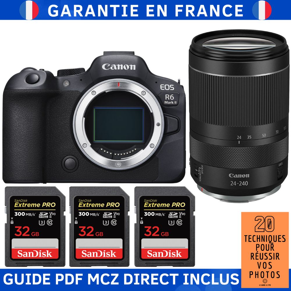Canon EOS R6 Mark II + RF 24 240mm f4 6.3 IS USM + 3 SanDisk Extreme PRO UHS II SDXC 300 MB/ + Guide PDF MCZ DIRECT '20 TECHNIQUES POUR RÉUSSIR VOS PHOTOS