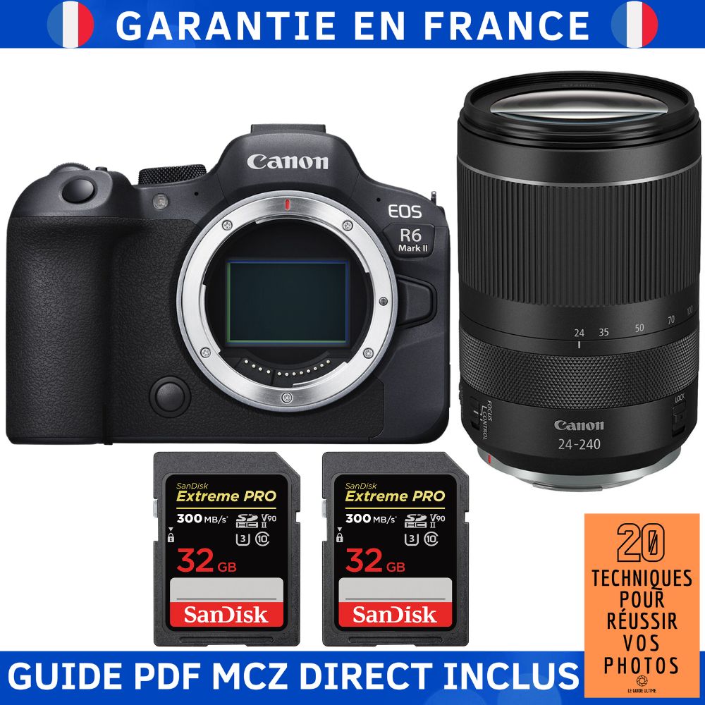 Canon EOS R6 Mark II + RF 24-240mm f/4-6.3 IS USM + 2 SanDisk 32GB Extreme PRO UHS-II SDXC 300 MB/s + Guide PDF MCZ DIRECT '20 TECHNIQUES POUR RÉUSSIR VOS PHOTOS