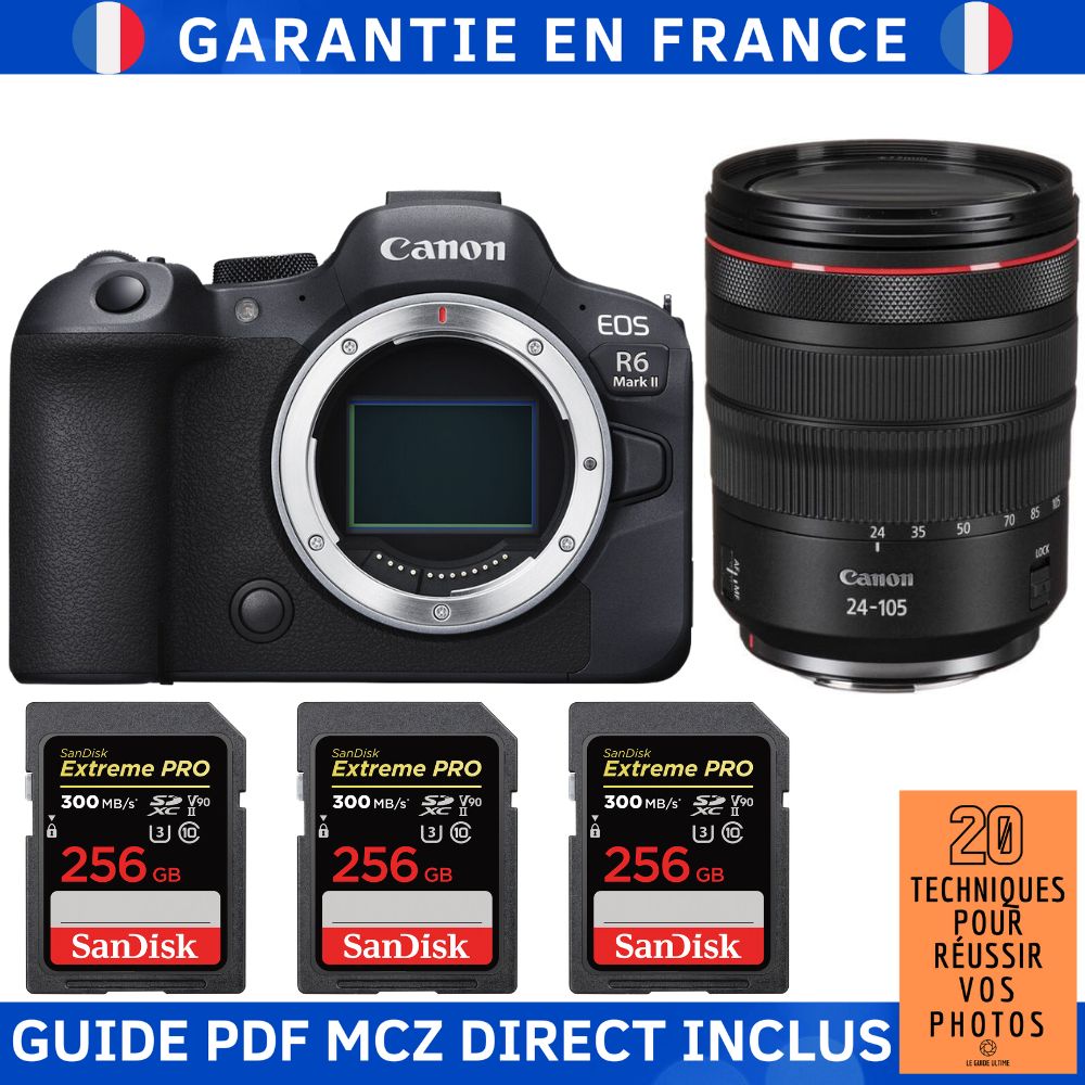 Canon EOS R6 Mark II + RF 24 105mm f4 IS USM + 3 SanDisk Extreme PRO UHS II SDXC 300 MB/ + Guide PDF MCZ DIRECT '20 TECHNIQUES POUR RÉUSSIR VOS PHOTOS