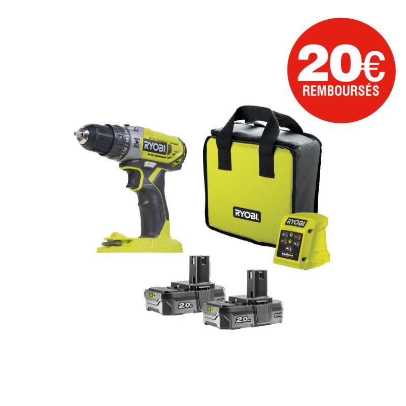 Perceuse-visseuse à percussion RYOBI One+ 18V - 2 batteries 2.0 Ah - 1 chargeur - R18PD2-220S