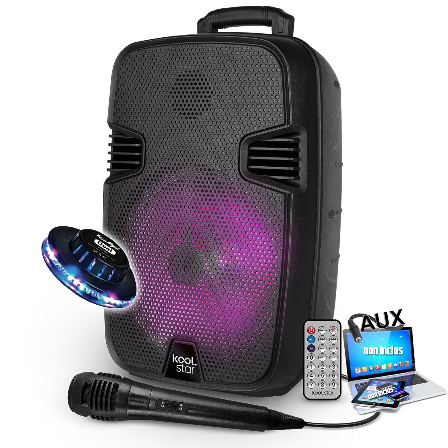 Enceinte DJ Mobile sur batterie KoolStar STARLED 08, 100W, Boomers 20cm à LED, USB Bluetooth, Câble PC, Microphone, Light OVNI