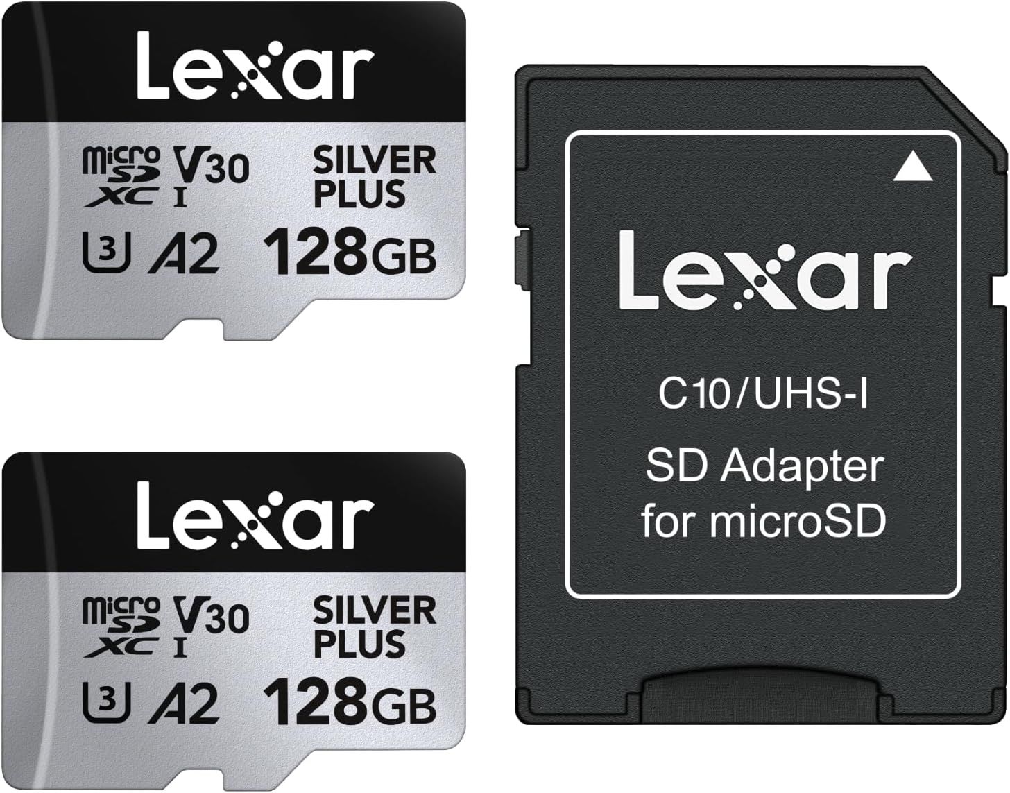 Silver Plus Lot de 2 Cartes Micro SD 128 Go, Vitesse de Lecture jusqu'à 205 Mo/s, Vitesse d'écriture 150 Mo/s, Carte mémoire Micro SD avec Adaptateur, UHS-I, A2, U3, V30, Classe 10, 4K UHD