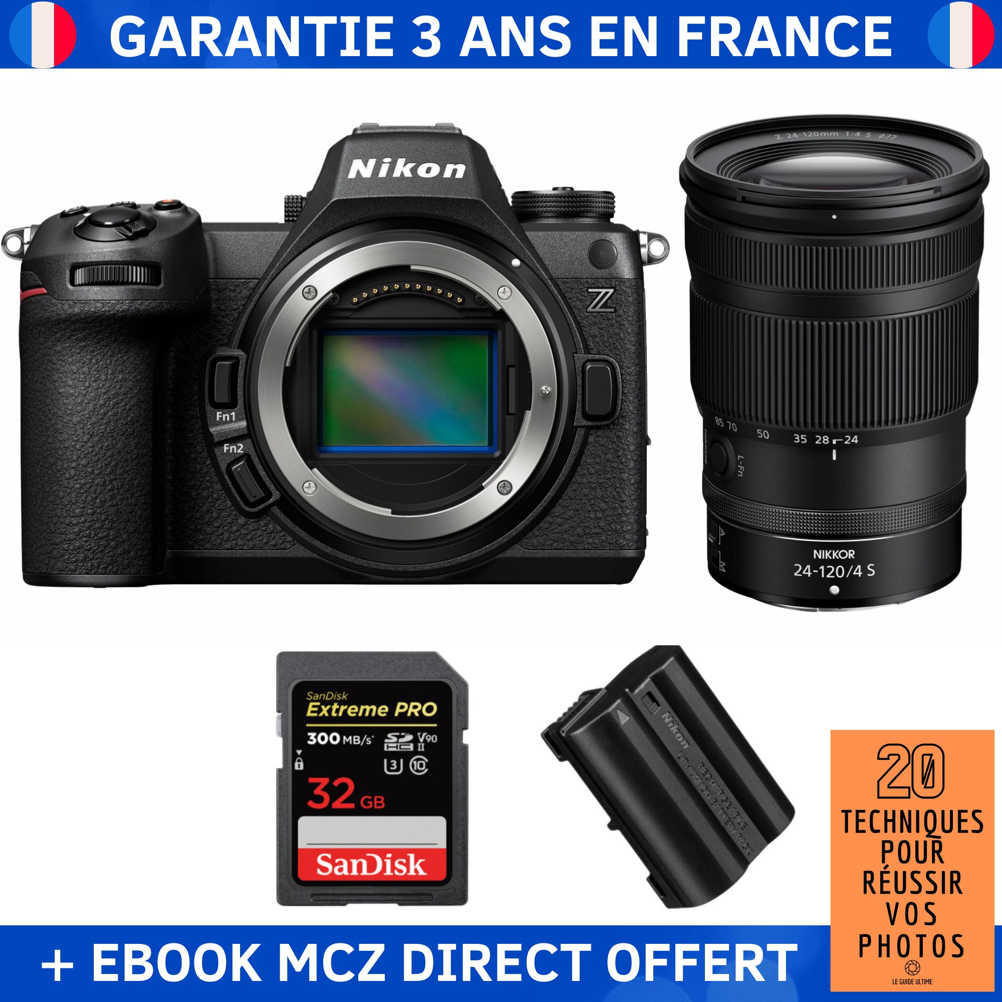 Nikon Z6 III + Z 24 120mm f4 + 1 SanDisk Extreme PRO UHS II SDXC 300 MB/ + 1 Nikon EN EL15c + Ebook '20 Techniques pour Réussir vos Photos' Appareil Photo Hybride Nikon
