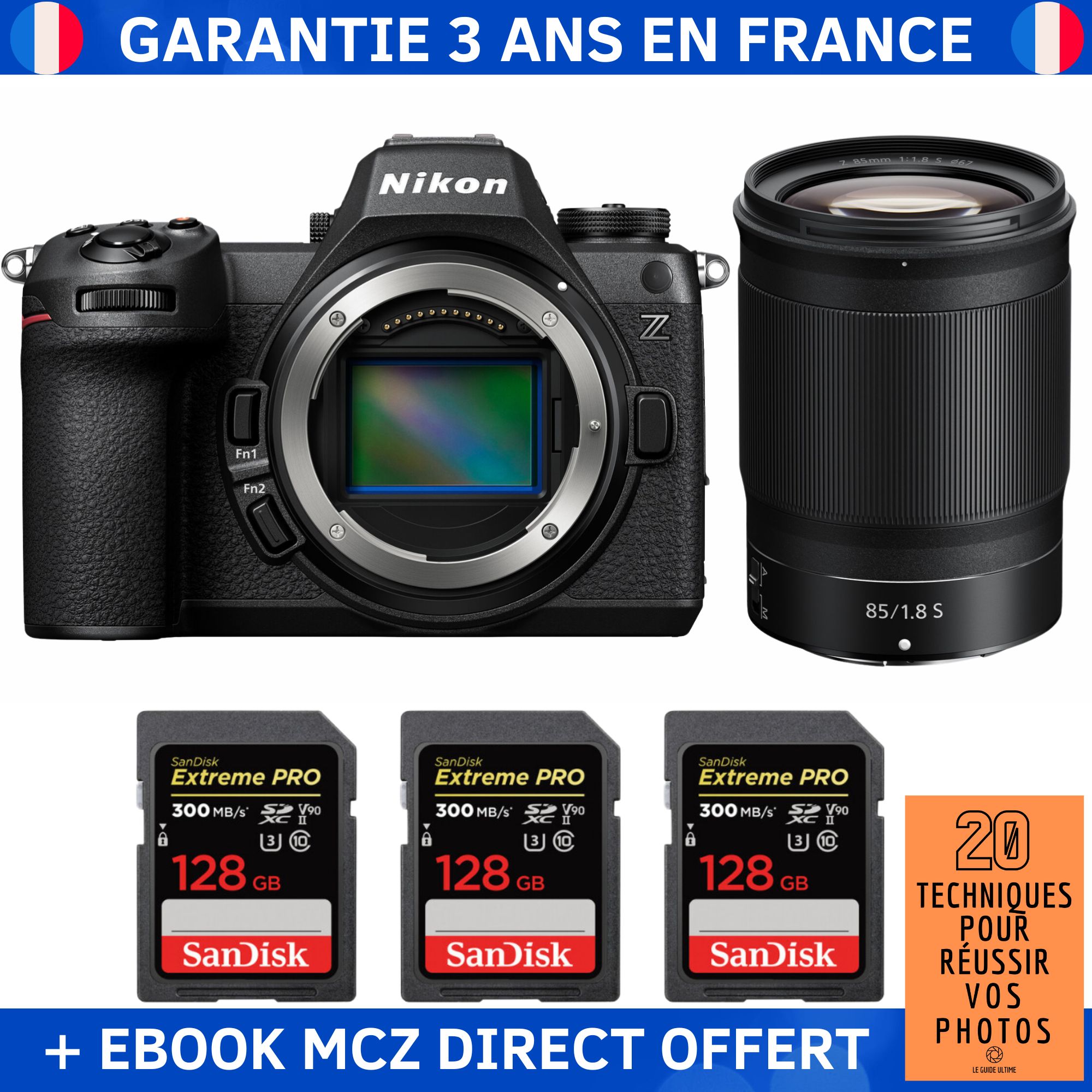 Nikon Z6 III + Z 85mm f1.8 + 3 SanDisk Extreme PRO UHS II SDXC 300 MB/ + Ebook '20 Techniques pour Réussir vos Photos' Appareil Photo Hybride Nikon