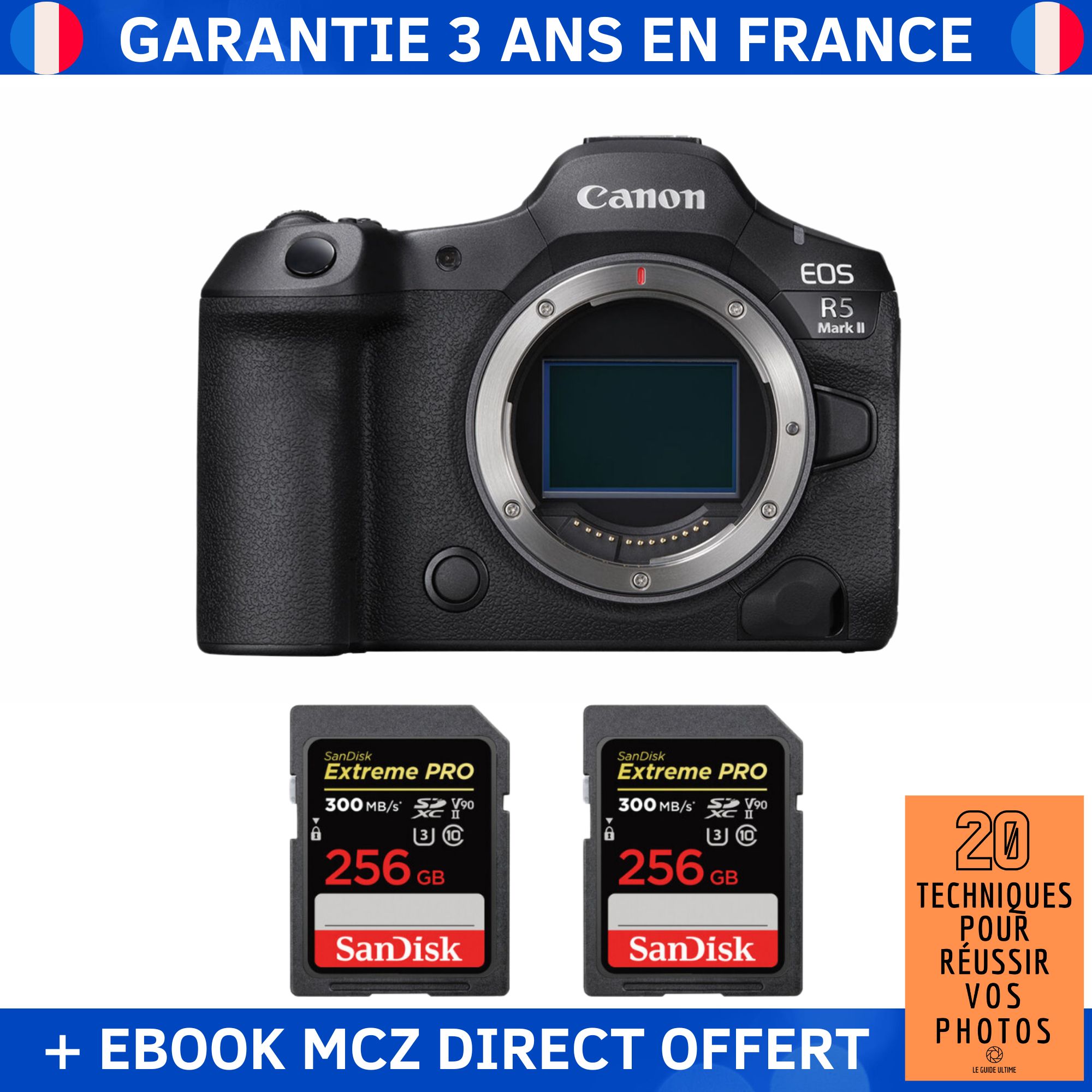 Canon EOS R5 Mark II + 2 SanDisk Extreme PRO UHS II SDXC 300 MB/ + Ebook '20 Techniques pour Réussir vos Photos' Appareil Photo Hybride Canon