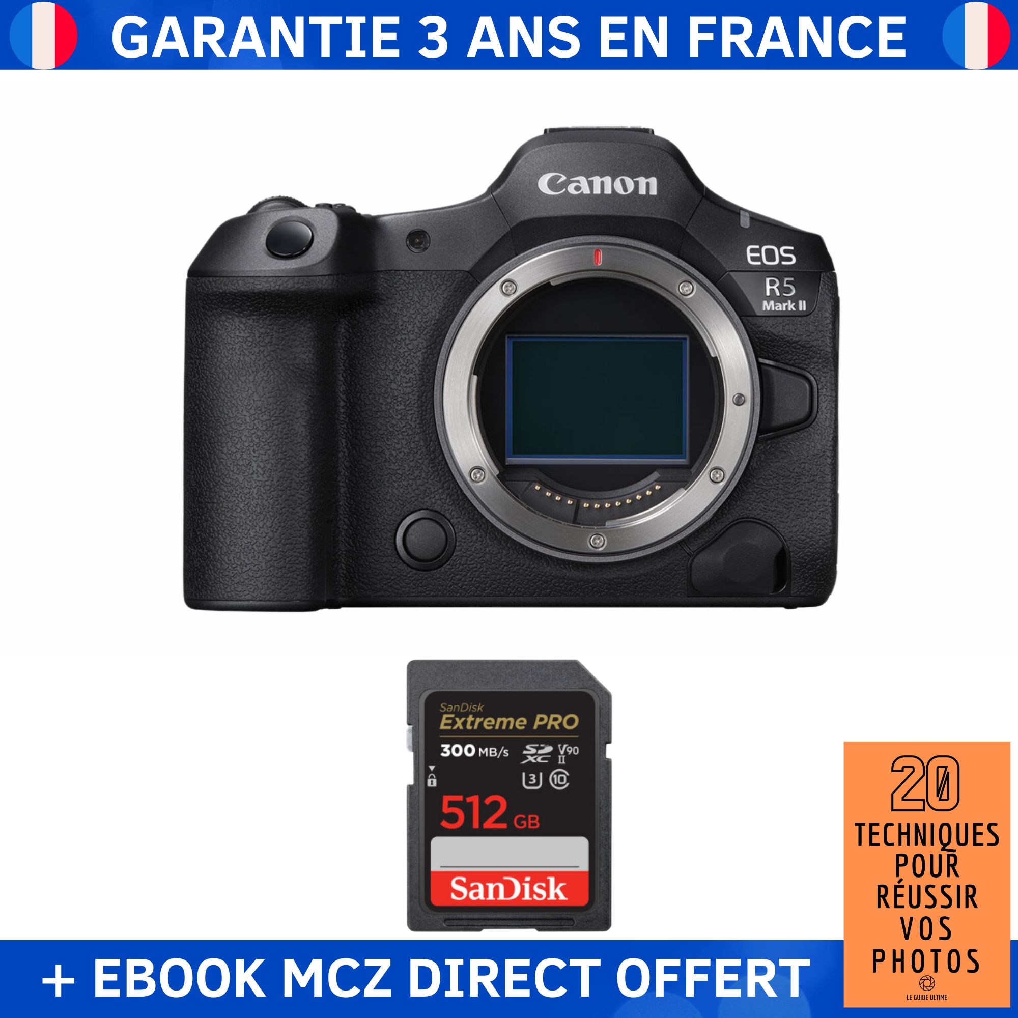 Canon EOS R5 Mark II + 1 SanDisk Extreme PRO UHS II SDXC 300 MB/ + Ebook '20 Techniques pour Réussir vos Photos' Appareil Photo Hybride Canon