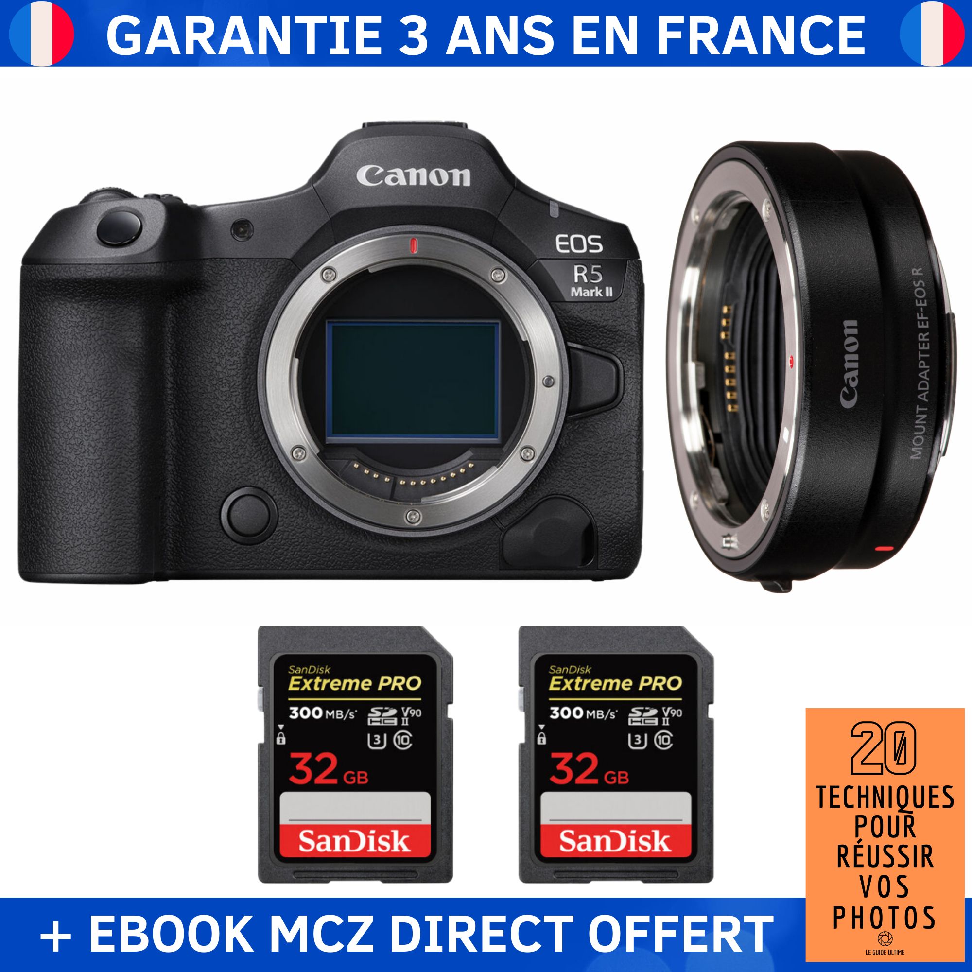Canon EOS R5 Mark II + EF EOS R + 2 SanDisk Extreme PRO UHS II SDXC 300 MB/ + Ebook '20 Techniques pour Réussir vos Photos' Appareil Photo Hybride Canon