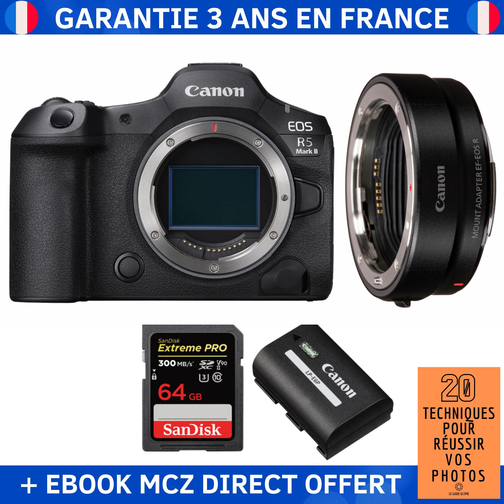 Canon EOS R5 Mark II + EF EOS R + 1 SanDisk Extreme PRO UHS II SDXC 300 MB/ + 1 Canon LP E6P + Ebook '20 Techniques pour Réussir vos Photos' Appareil Photo Hybride Canon - vue 2