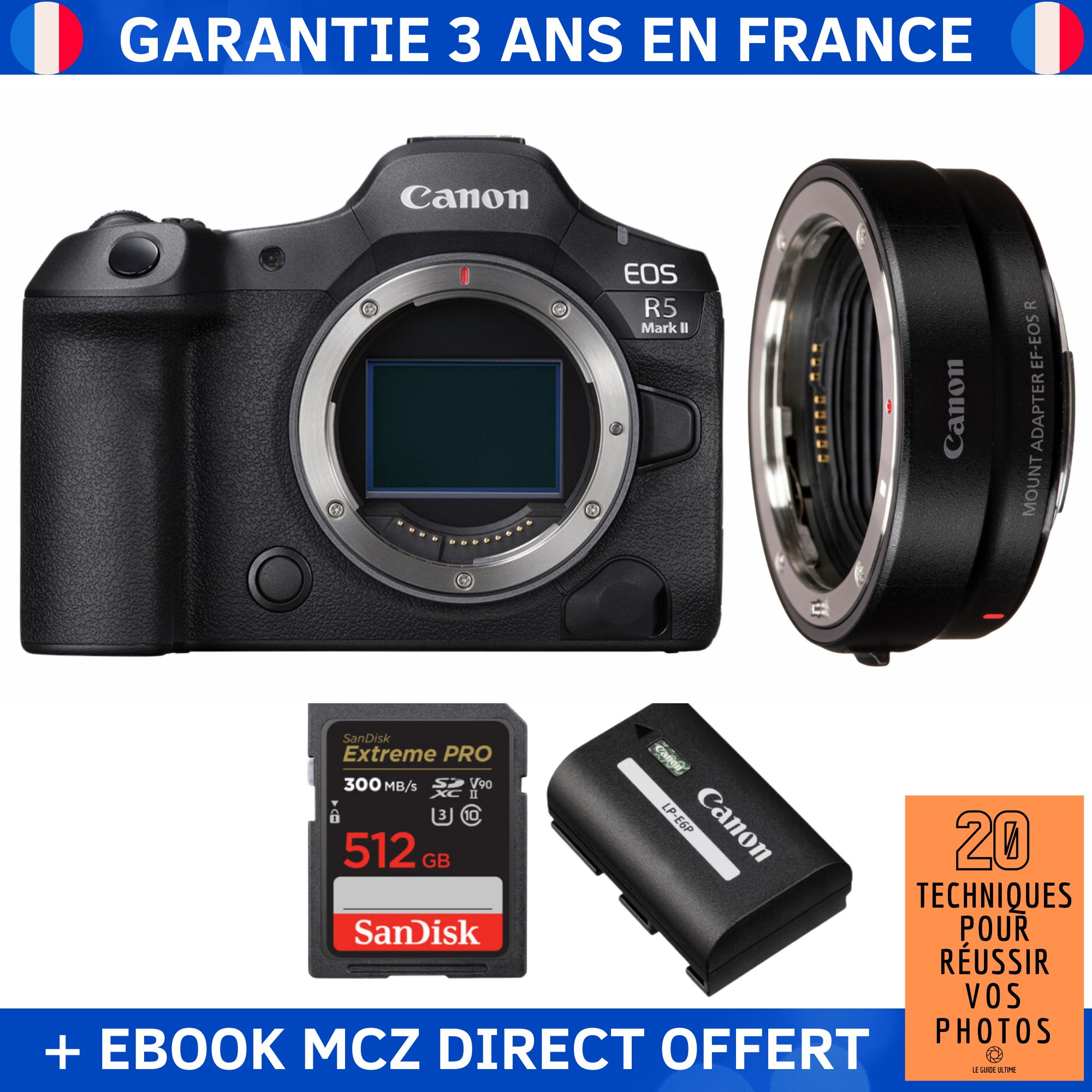 Canon EOS R5 Mark II + EF EOS R + 1 SanDisk Extreme PRO UHS II SDXC 300 MB/ + 1 Canon LP E6P + Ebook '20 Techniques pour Réussir vos Photos' Appareil Photo Hybride Canon - vue 4
