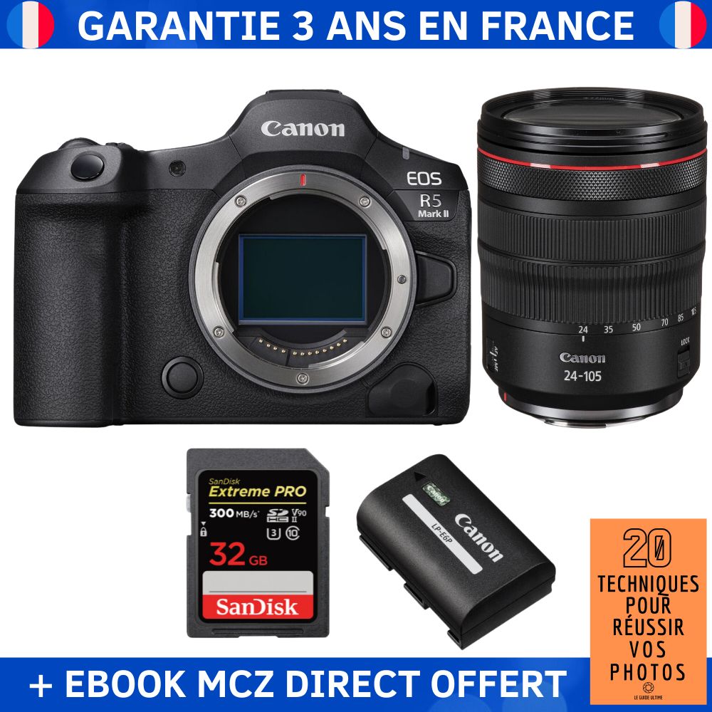 Canon EOS R5 Mark II + RF 24 105mm f4 IS USM + 1 SanDisk Extreme PRO UHS II SDXC 300 MB/ + 1 Canon LP E6P + Ebook '20 Techniques pour Réussir vos Photos' Appareil Photo Hybride Canon - vue 3