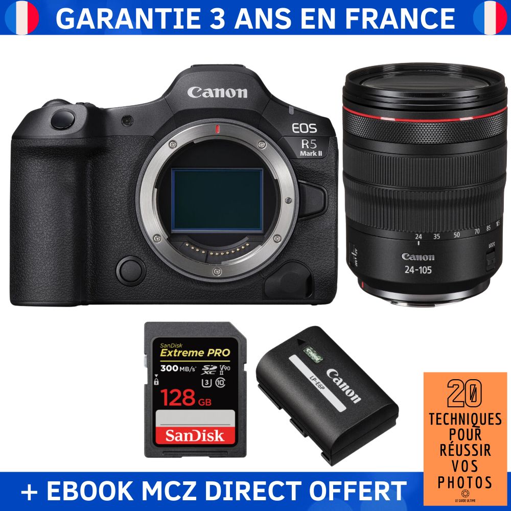 Canon EOS R5 Mark II + RF 24 105mm f4 IS USM + 1 SanDisk Extreme PRO UHS II SDXC 300 MB/ + 1 Canon LP E6P + Ebook '20 Techniques pour Réussir vos Photos' Appareil Photo Hybride Canon - vue 2