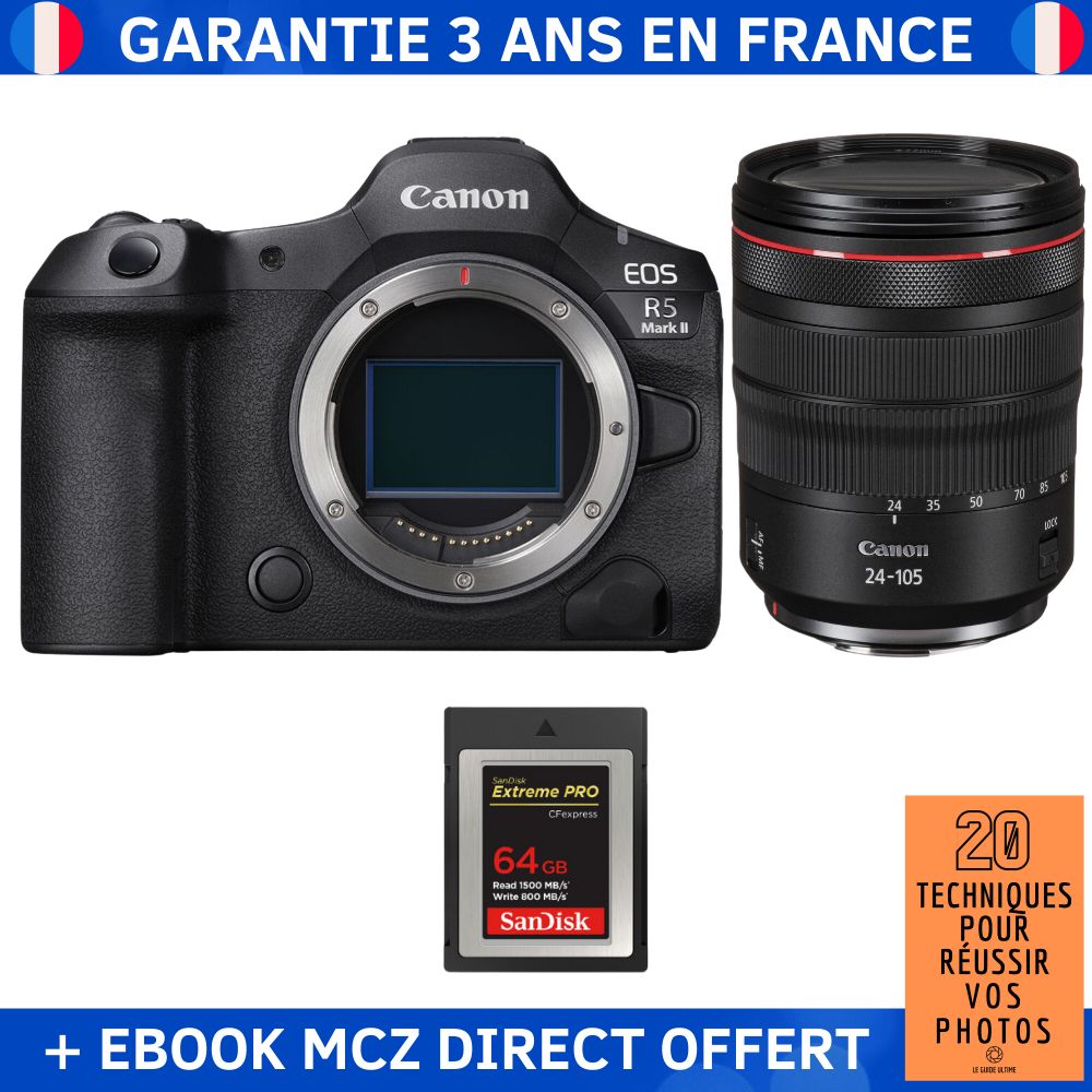 Canon EOS R5 Mark II + RF 24 105mm f4 IS USM + 1 SanDisk Extreme PRO CFexpress Type B + Ebook '20 Techniques pour Réussir vos Photos' Appareil Photo Hybride Canon
