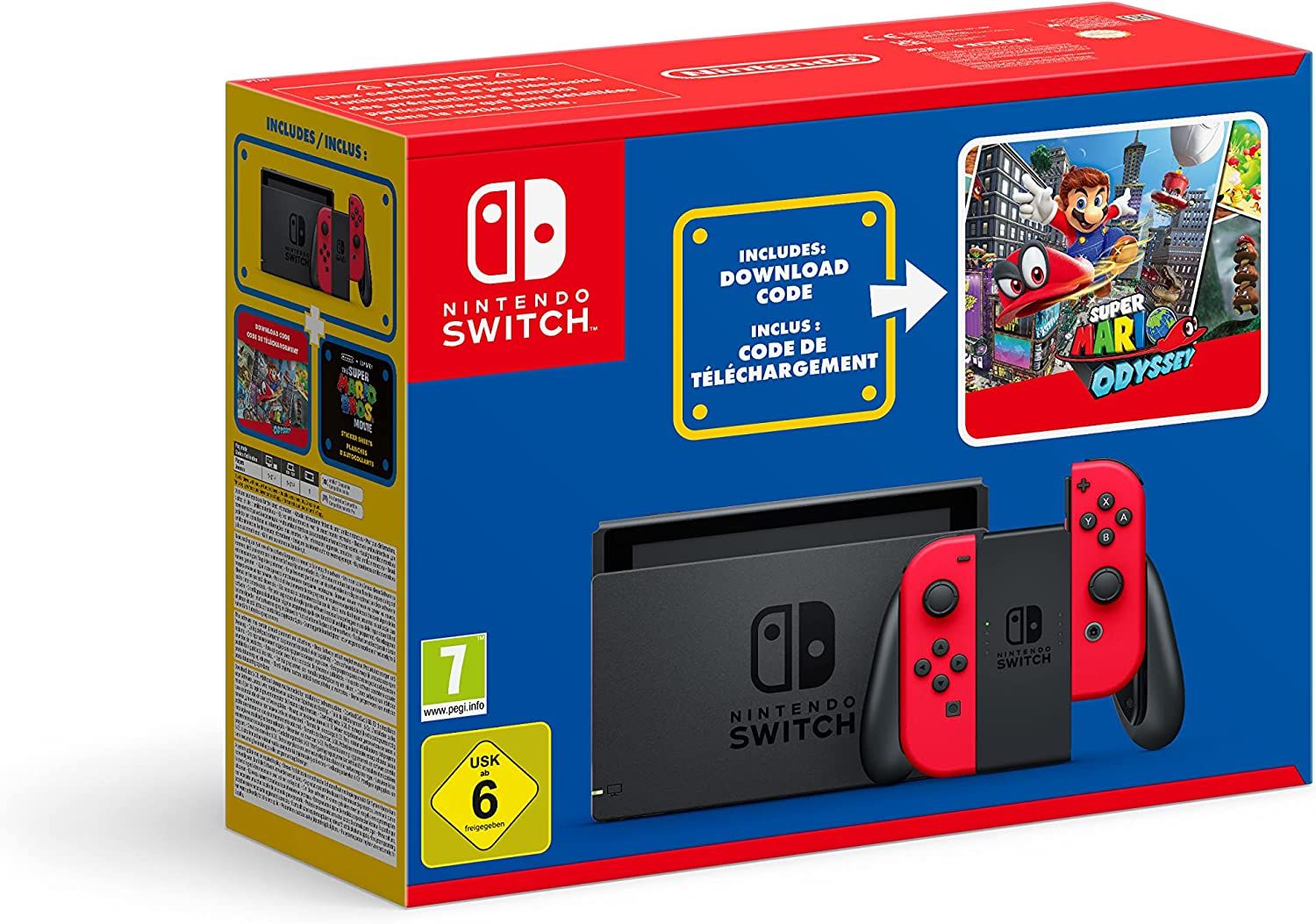 Console Nintendo Switch Avec Une Paire De Joy-Con Rouges + 1 Code De Téléchargement Pour Super Mario Odyssey