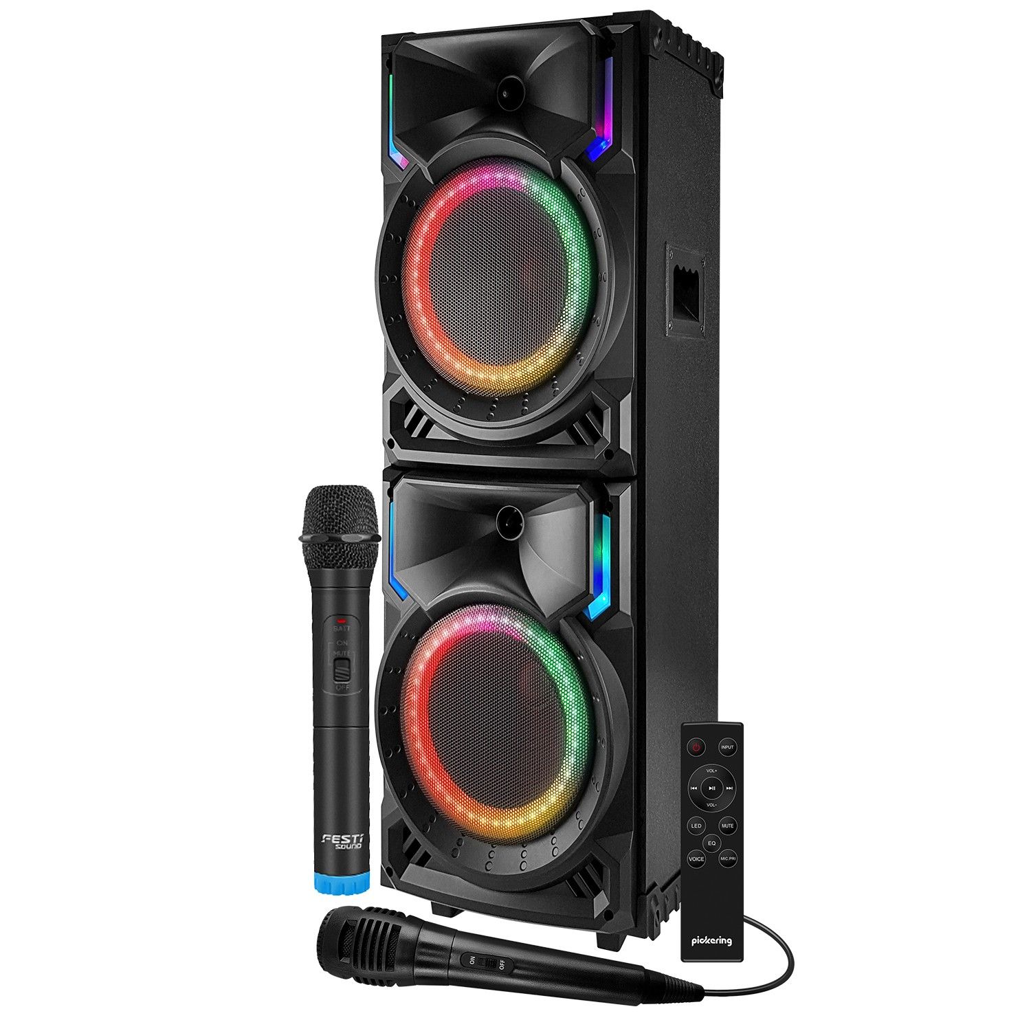 Enceinte High Power Pickering SOUNDMAGIC500 Anneaux lumineux LED, 500W, USB Bluetooth TWS, 2 Micros, télécommande, Roulettes