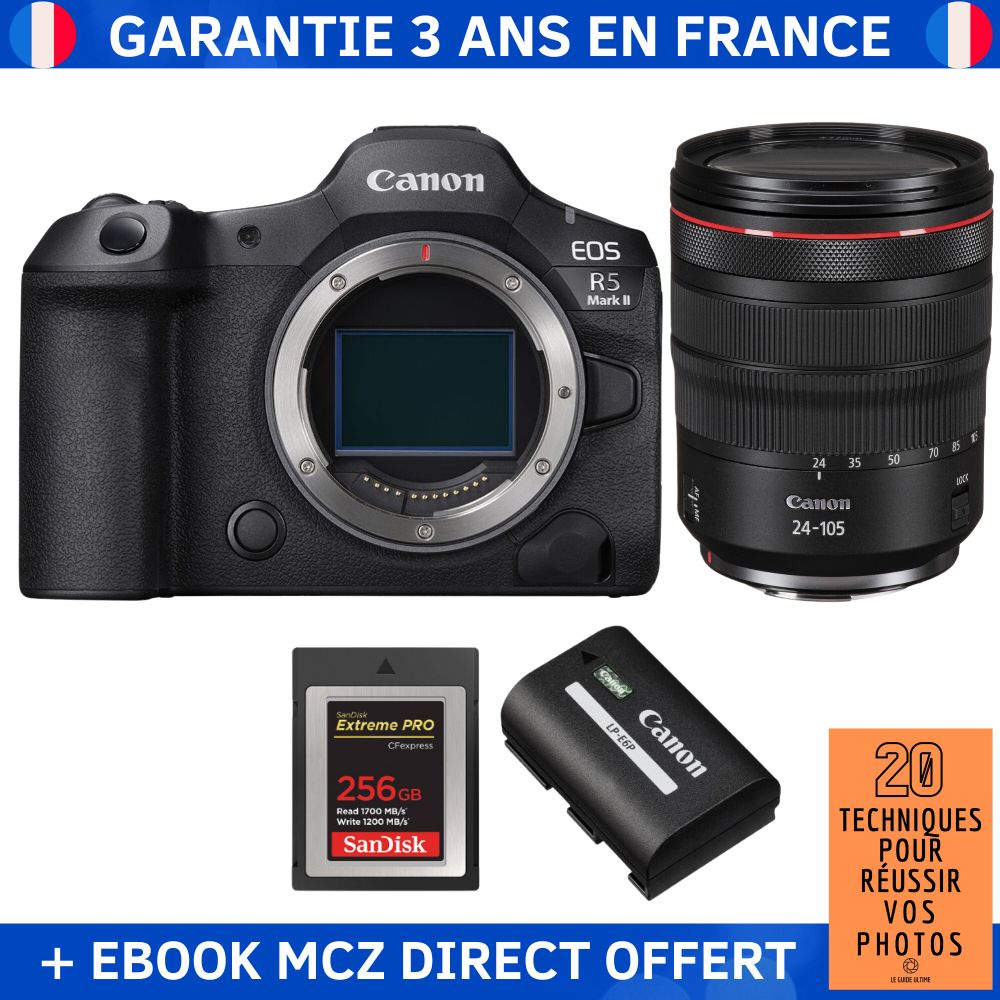 Canon EOS R5 Mark II + RF 24 105mm f4 IS USM + 1 SanDisk Extreme PRO CFexpress Type B + 1 Canon LP E6P + Ebook '20 Techniques pour Réussir vos Photos' Appareil Photo Hybride Canon - vue 3